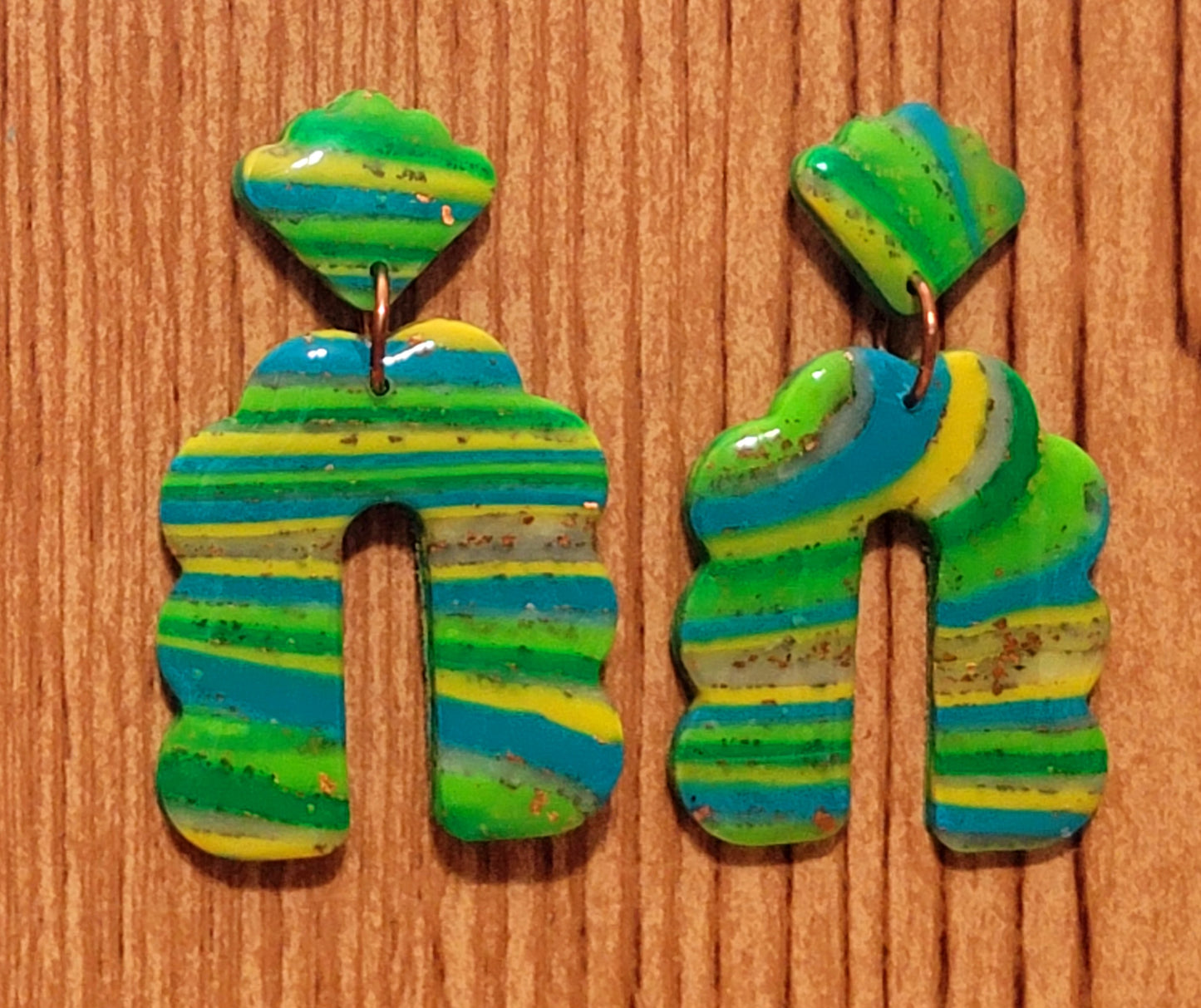 Gabriela: Green-Yellow-Turquoise & Transparent Sculpey and Kato Polymer Clay Earrings with Gold Flakes