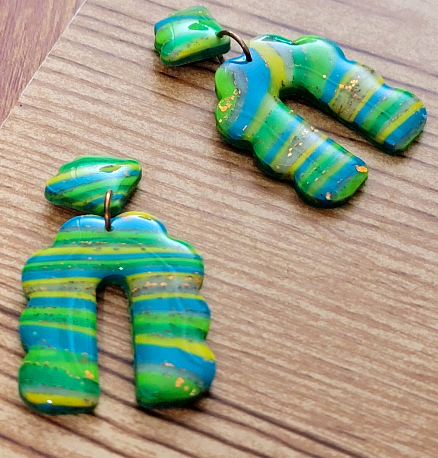 Gabriela: Green-Yellow-Turquoise & Transparent Sculpey and Kato Polymer Clay Earrings with Gold Flakes