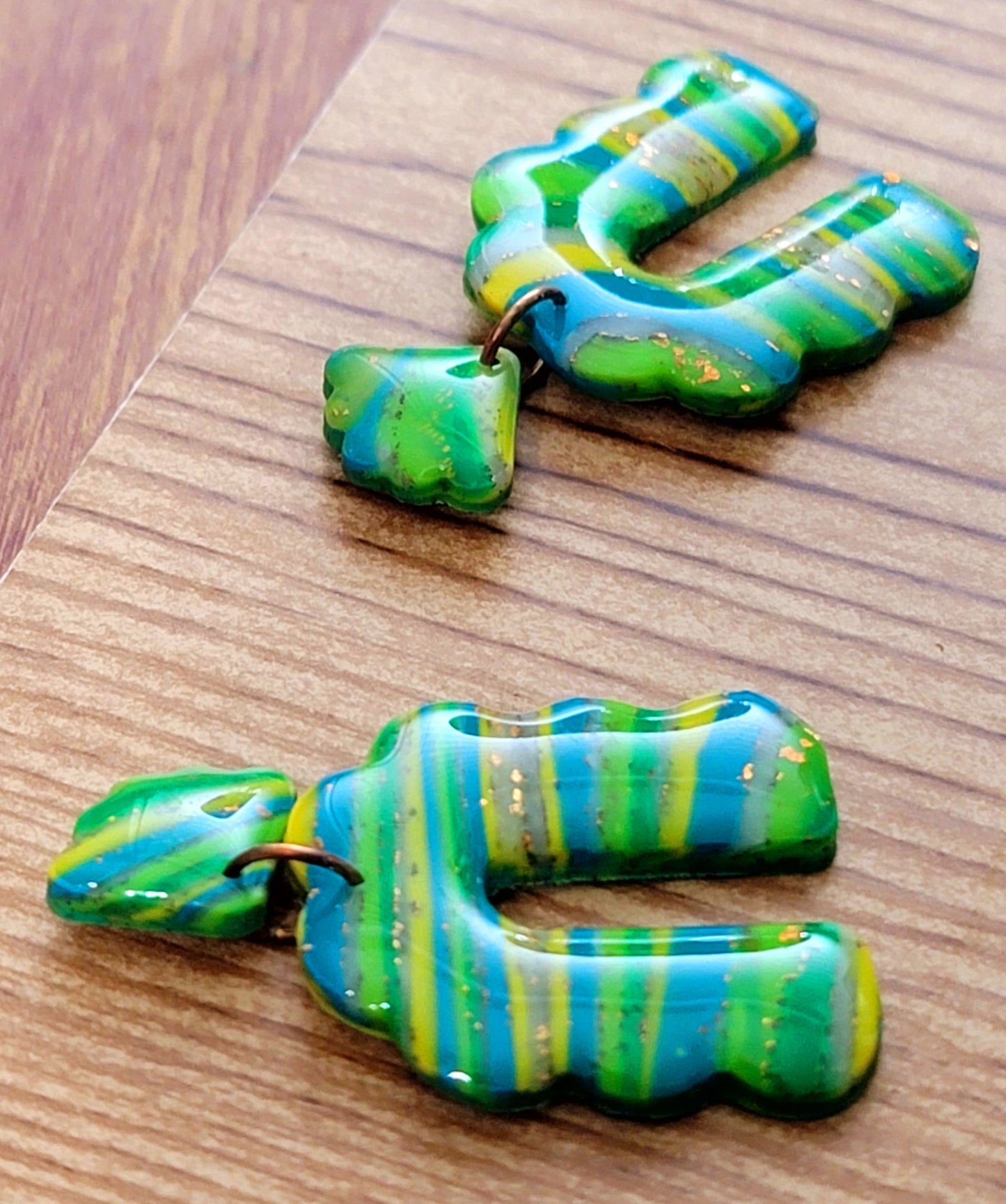 Gabriela: Green-Yellow-Turquoise & Transparent Sculpey and Kato Polymer Clay Earrings with Gold Flakes