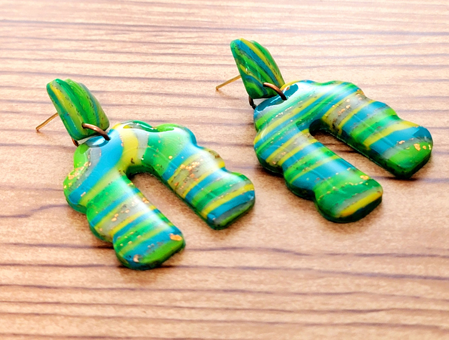 Gabriela: Green-Yellow-Turquoise & Transparent Sculpey and Kato Polymer Clay Earrings with Gold Flakes