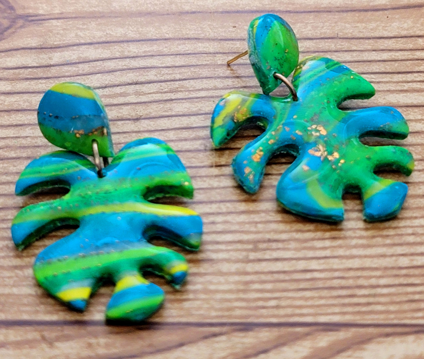 Lorna: Green-Yellow-Turquoise & Transparent Sculpey and Kato Polymer Clay Earrings with Gold Flakes