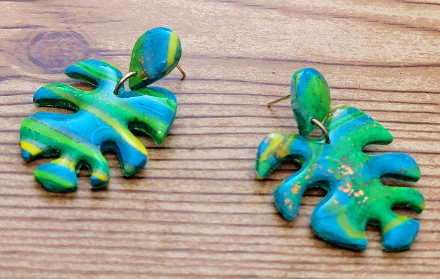 Lorna: Green-Yellow-Turquoise & Transparent Sculpey and Kato Polymer Clay Earrings with Gold Flakes