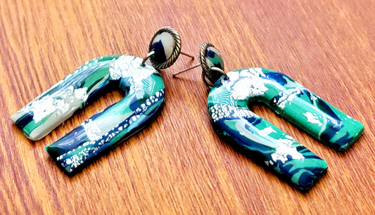 Fela : Dark and Light Blue Polymer Clay Earrings with Silver Foil Flakes