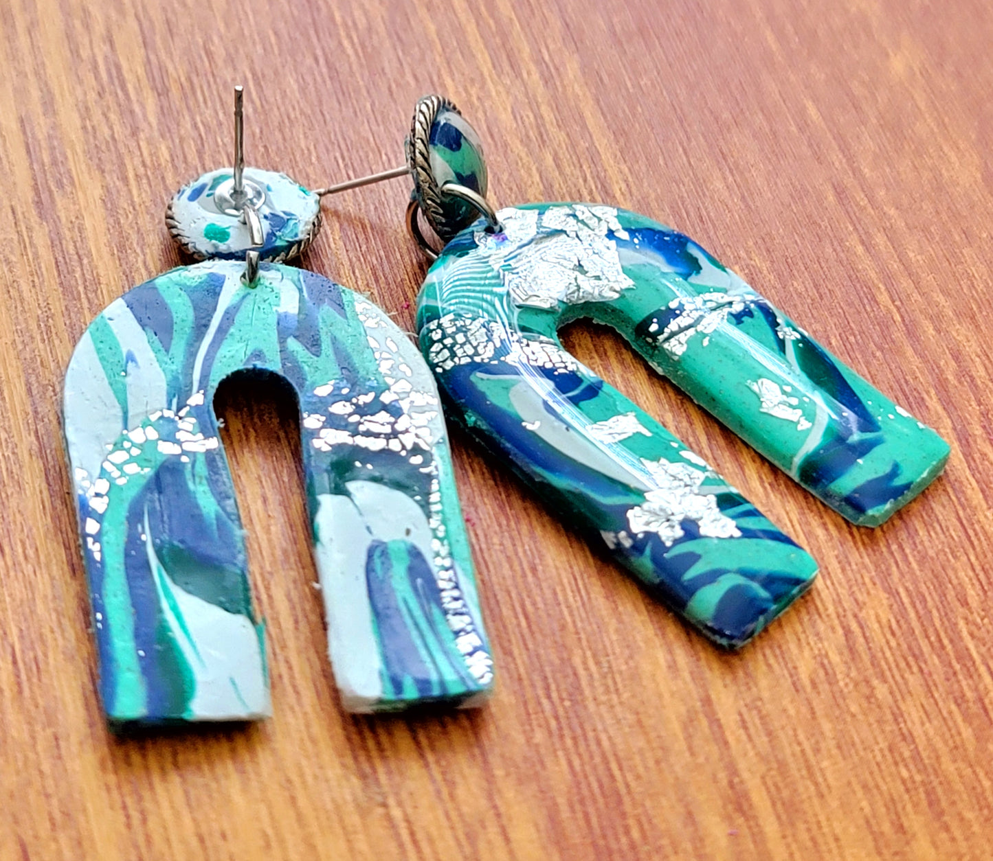 Fela : Dark and Light Blue Polymer Clay Earrings with Silver Foil Flakes