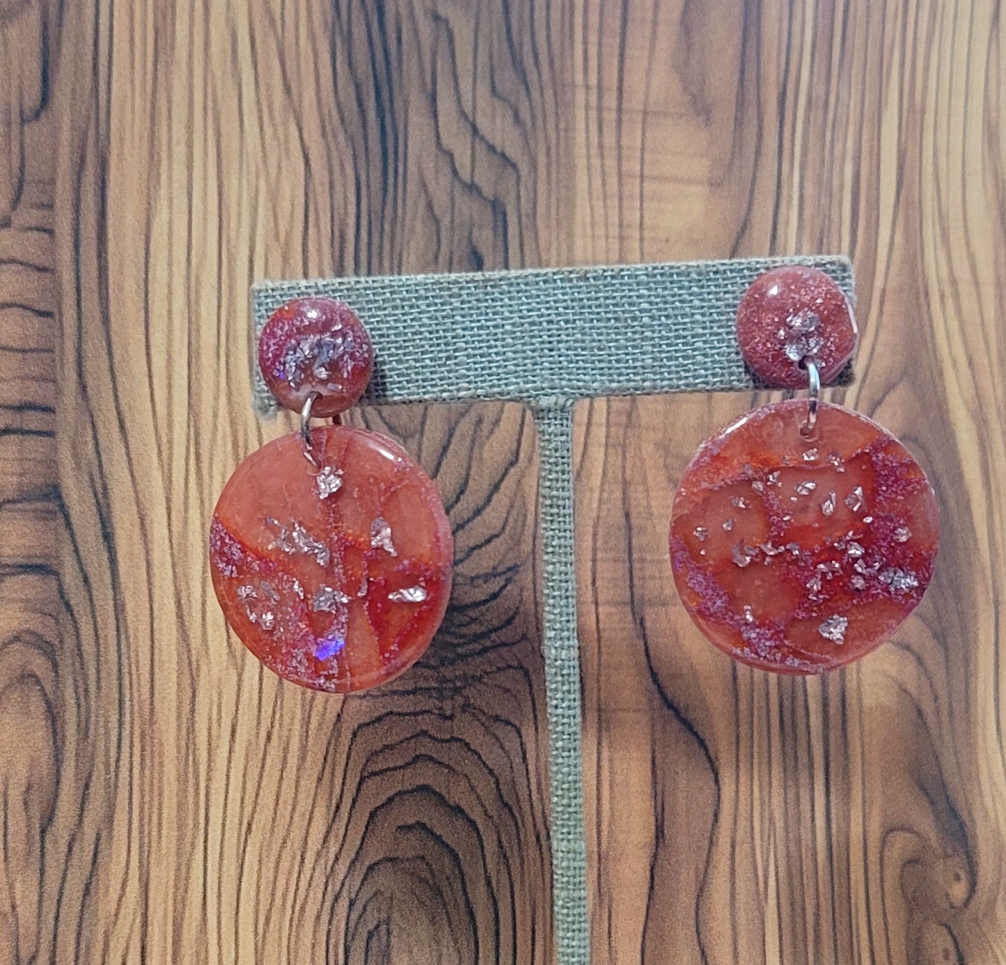 Elizabeth:  Red/Orange and Pink Polymer Clay Earrings with Silver Flakes