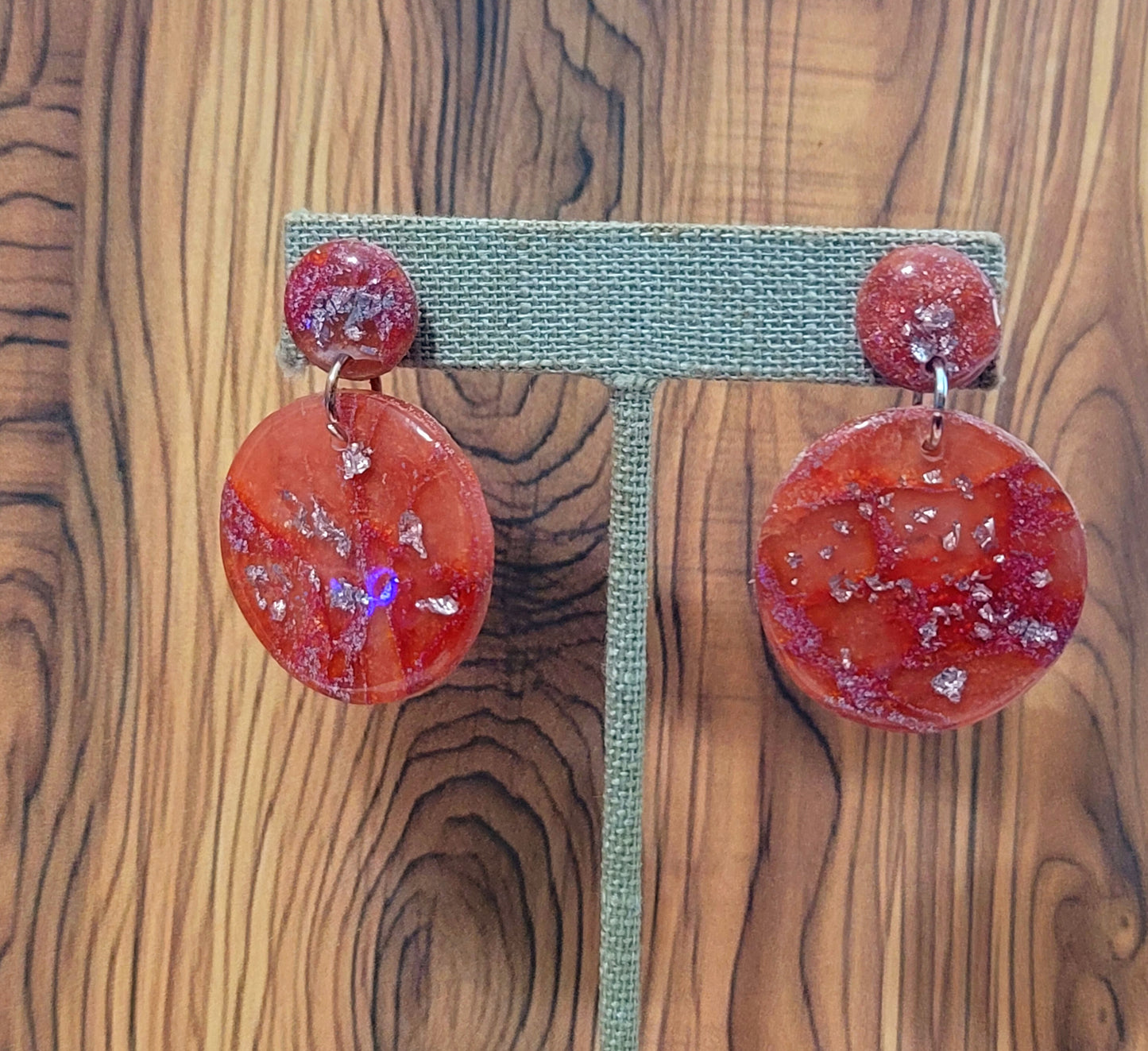 Elizabeth:  Red/Orange and Pink Polymer Clay Earrings with Silver Flakes