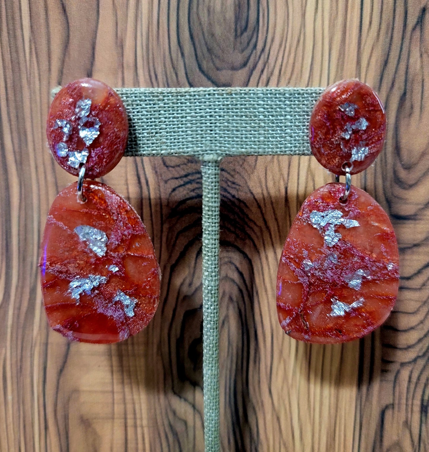 Delfina:  Red/Orange and Pink Polymer Clay Earrings with Silver Flakes