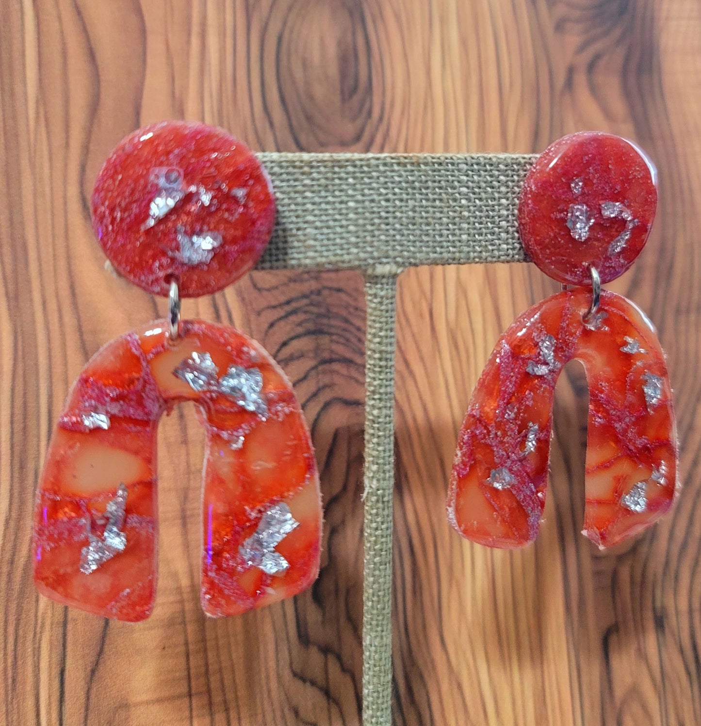 Katalea: Red/Orange and Pink Polymer Clay Earrings with Silver Flakes