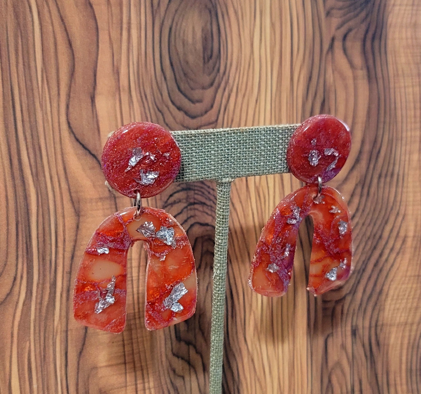 Katalea: Red/Orange and Pink Polymer Clay Earrings with Silver Flakes