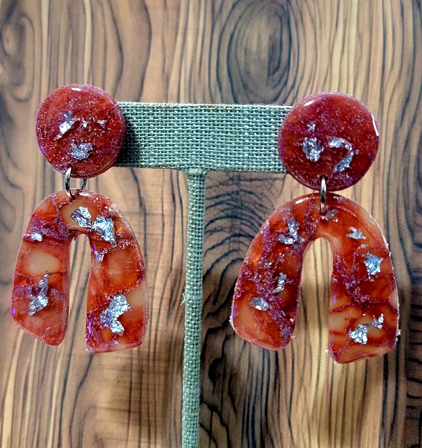 Katalea: Red/Orange and Pink Polymer Clay Earrings with Silver Flakes