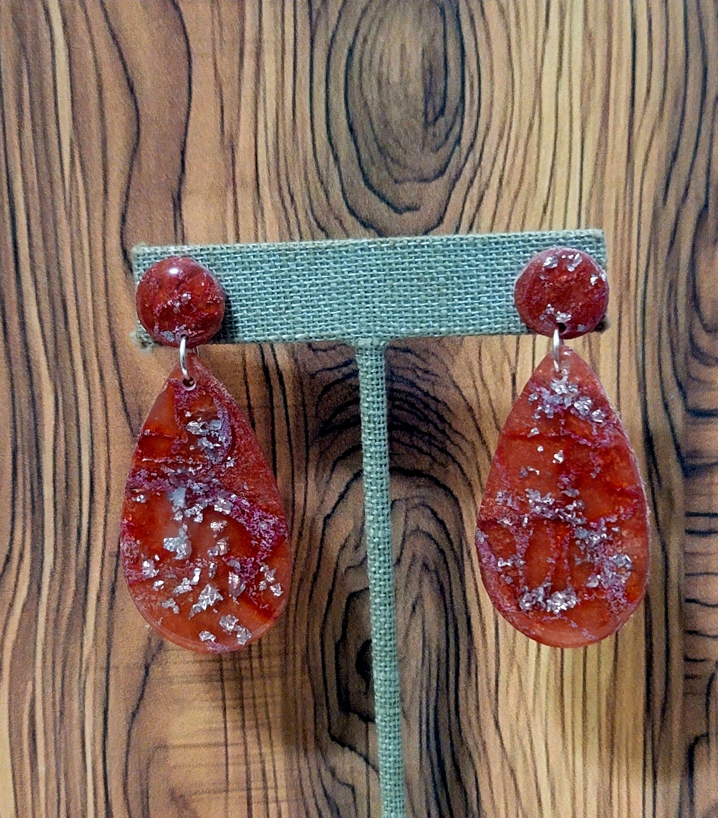 Monserat:  Red/Orange and Pink Polymer Clay Earrings with Silver Flakes