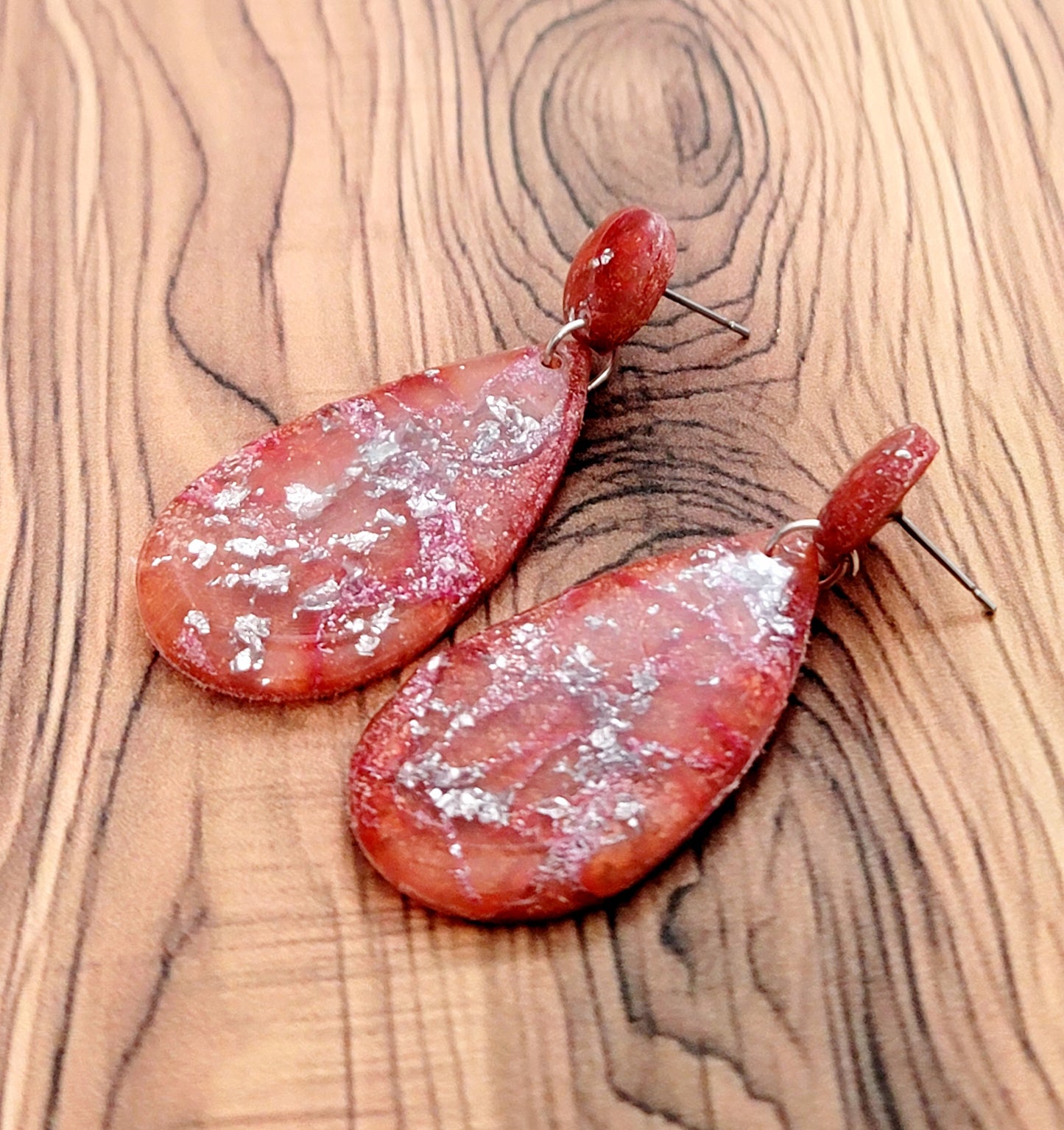 Monserat:  Red/Orange and Pink Polymer Clay Earrings with Silver Flakes