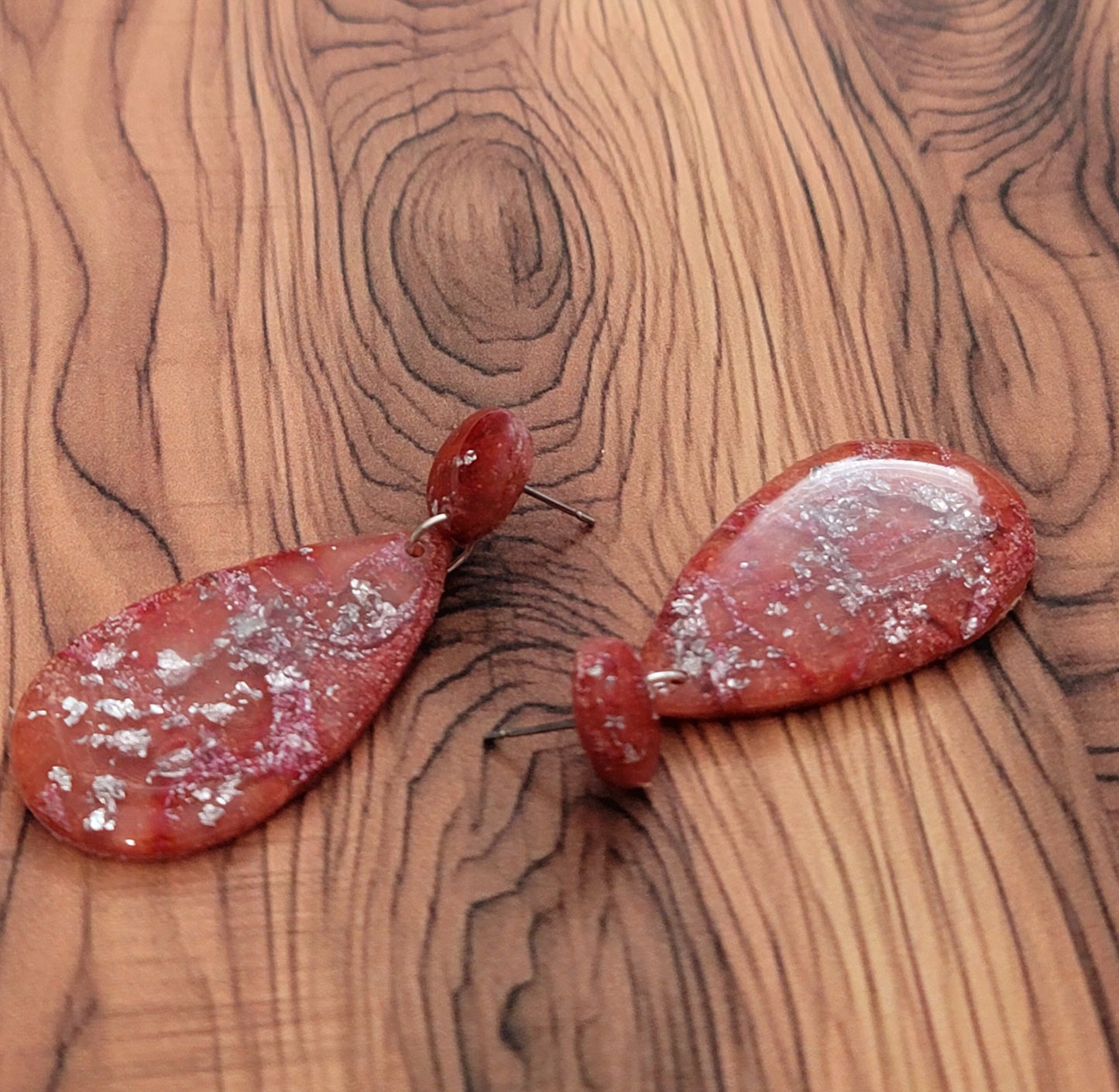 Monserat:  Red/Orange and Pink Polymer Clay Earrings with Silver Flakes