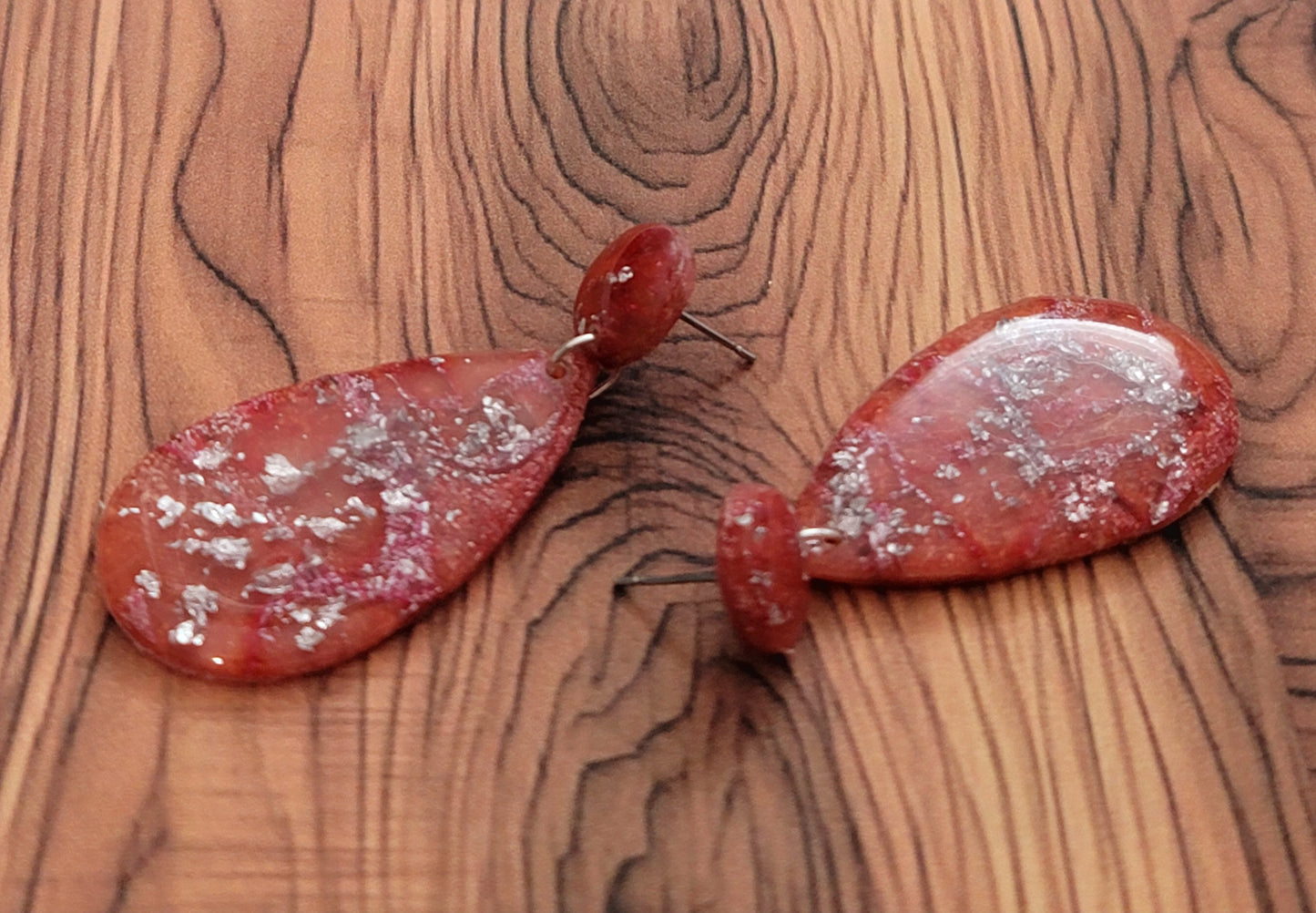 Monserat:  Red/Orange and Pink Polymer Clay Earrings with Silver Flakes