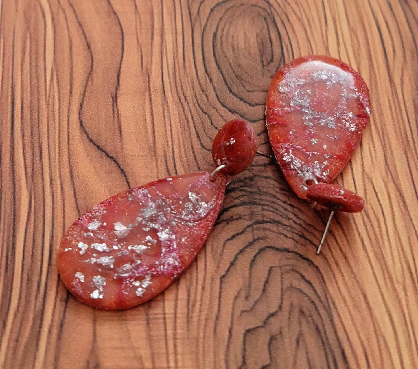 Monserat:  Red/Orange and Pink Polymer Clay Earrings with Silver Flakes