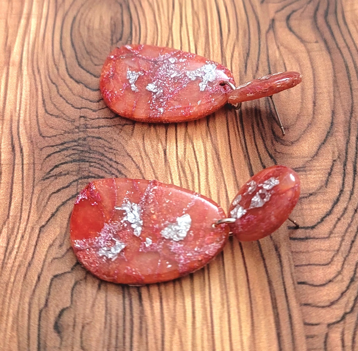 Delfina:  Red/Orange and Pink Polymer Clay Earrings with Silver Flakes