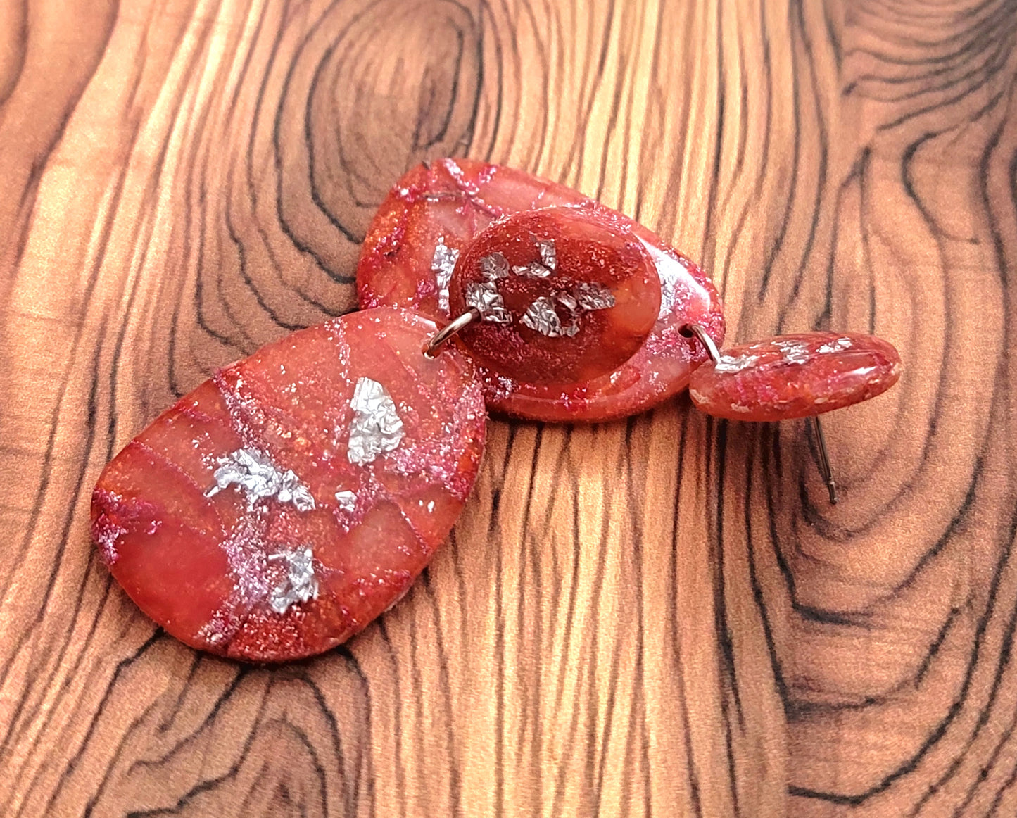 Delfina:  Red/Orange and Pink Polymer Clay Earrings with Silver Flakes