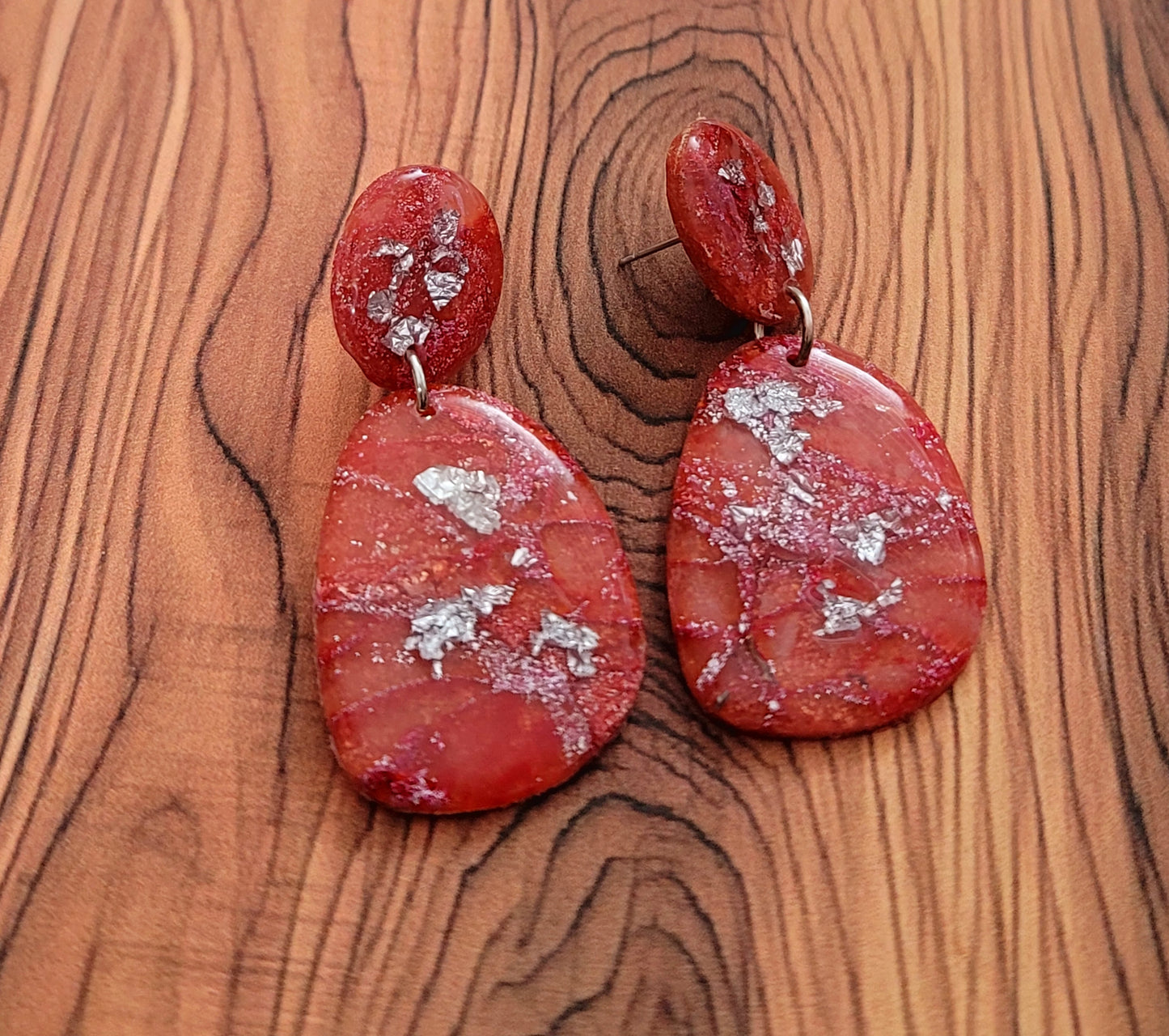 Delfina:  Red/Orange and Pink Polymer Clay Earrings with Silver Flakes