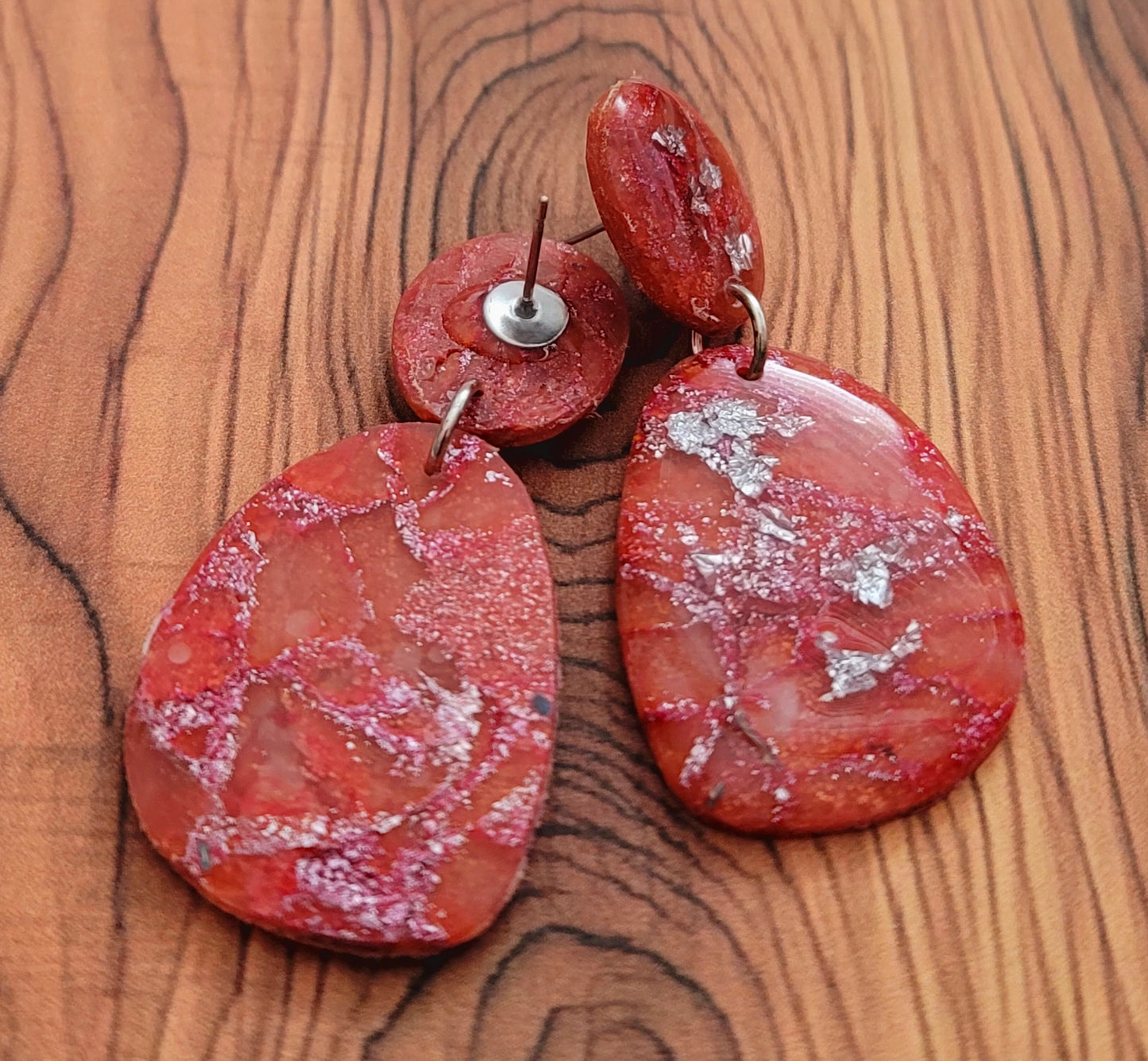 Delfina:  Red/Orange and Pink Polymer Clay Earrings with Silver Flakes