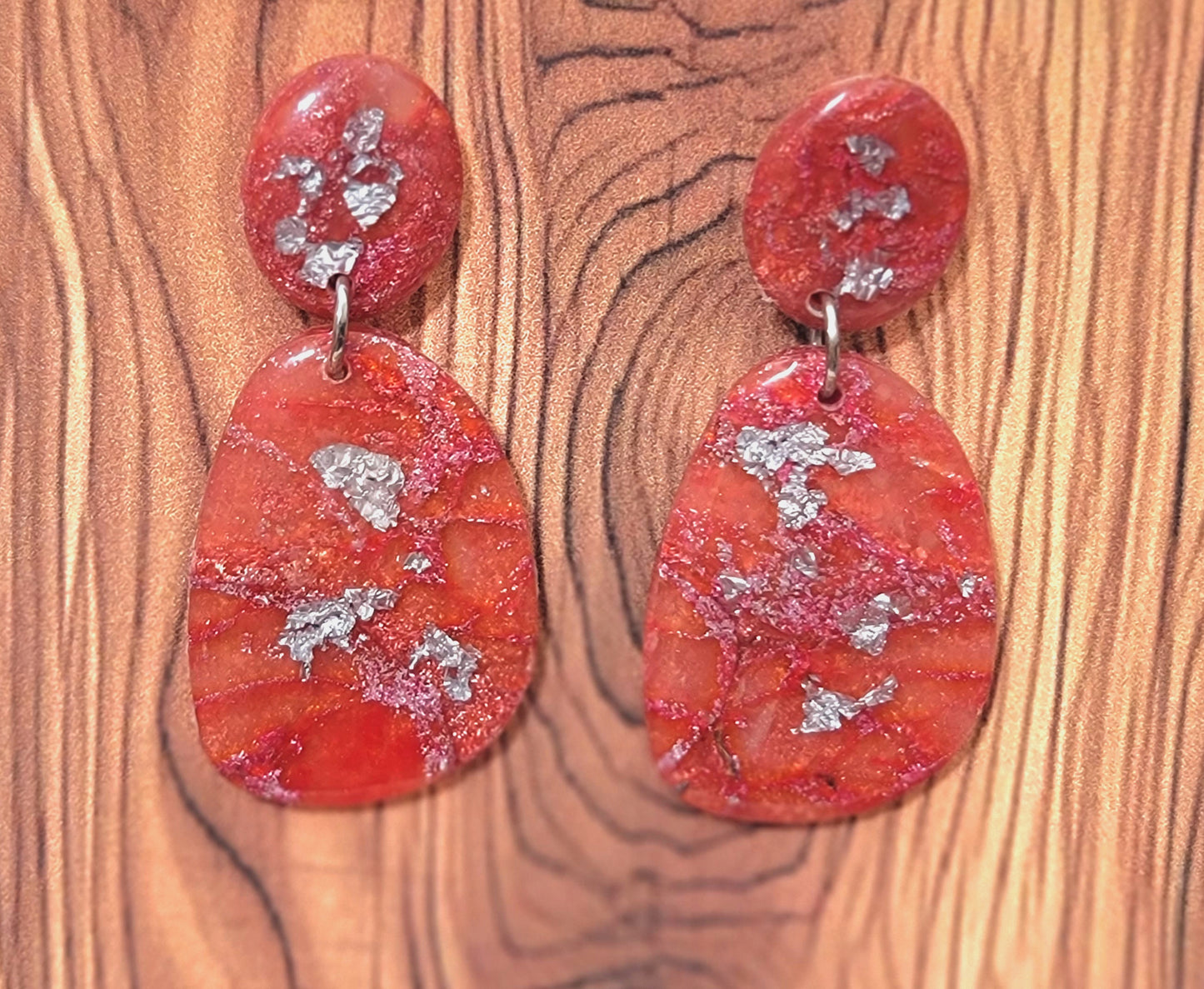 Delfina:  Red/Orange and Pink Polymer Clay Earrings with Silver Flakes