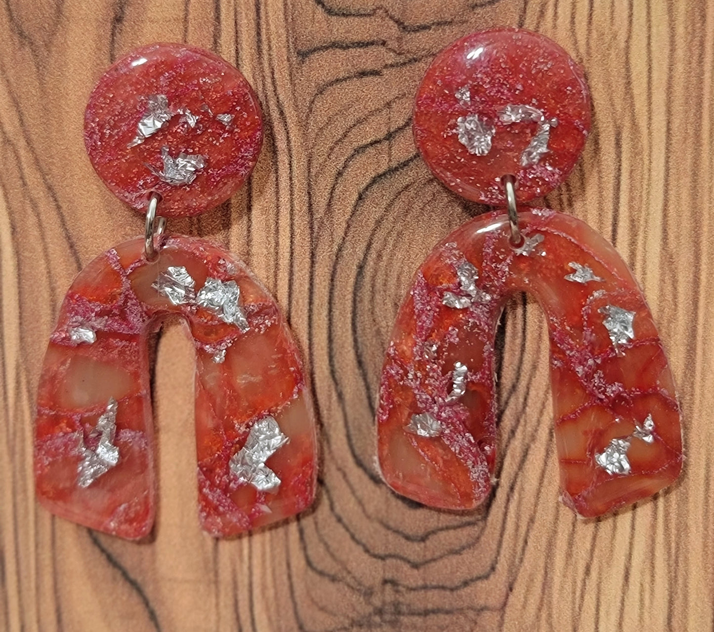 Katalea: Red/Orange and Pink Polymer Clay Earrings with Silver Flakes