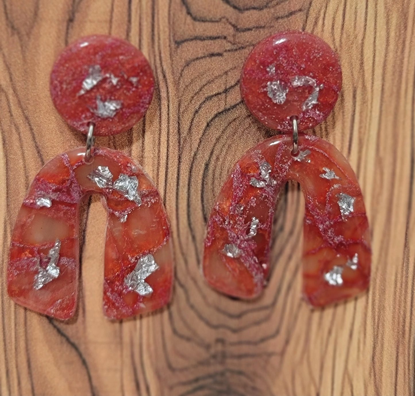 Katalea: Red/Orange and Pink Polymer Clay Earrings with Silver Flakes