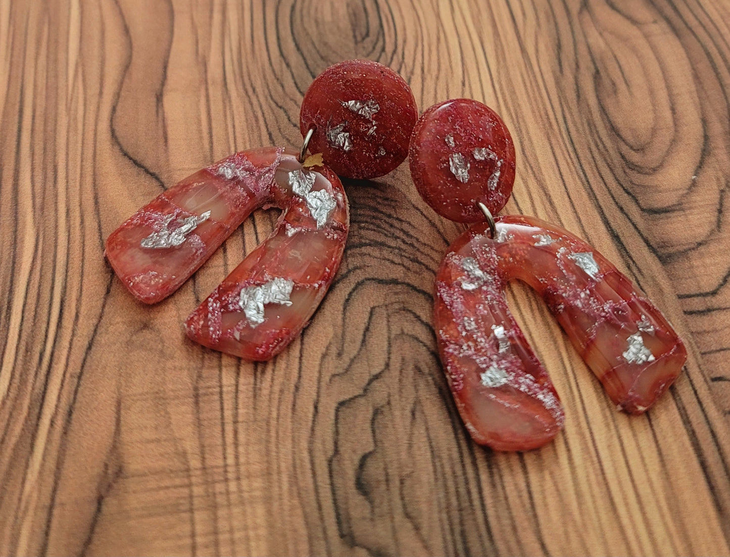 Katalea: Red/Orange and Pink Polymer Clay Earrings with Silver Flakes