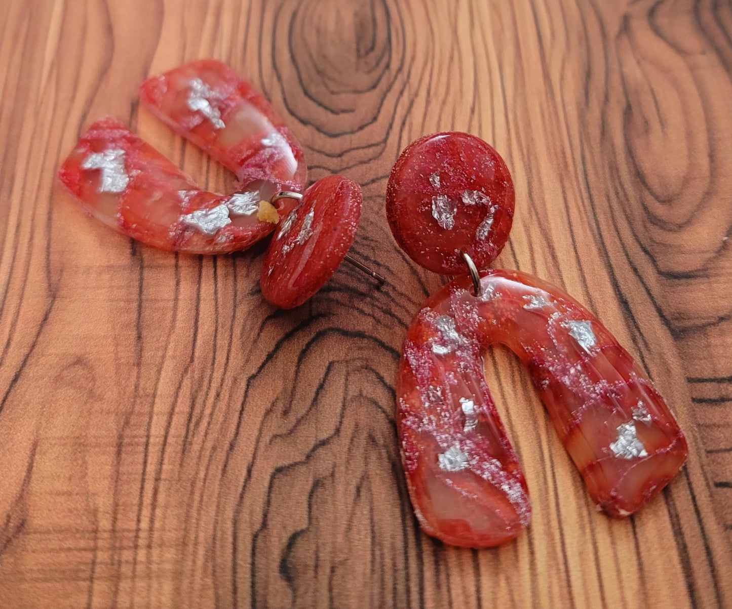 Katalea: Red/Orange and Pink Polymer Clay Earrings with Silver Flakes