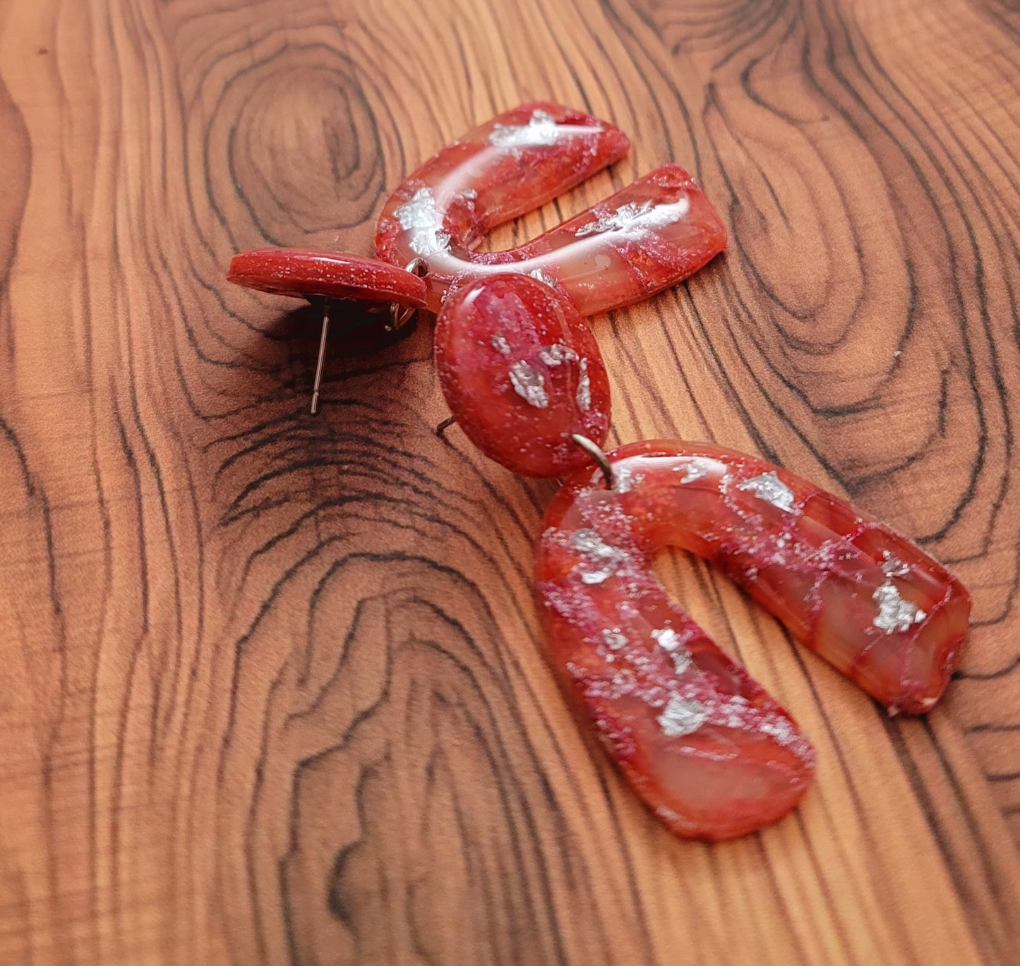 Katalea: Red/Orange and Pink Polymer Clay Earrings with Silver Flakes