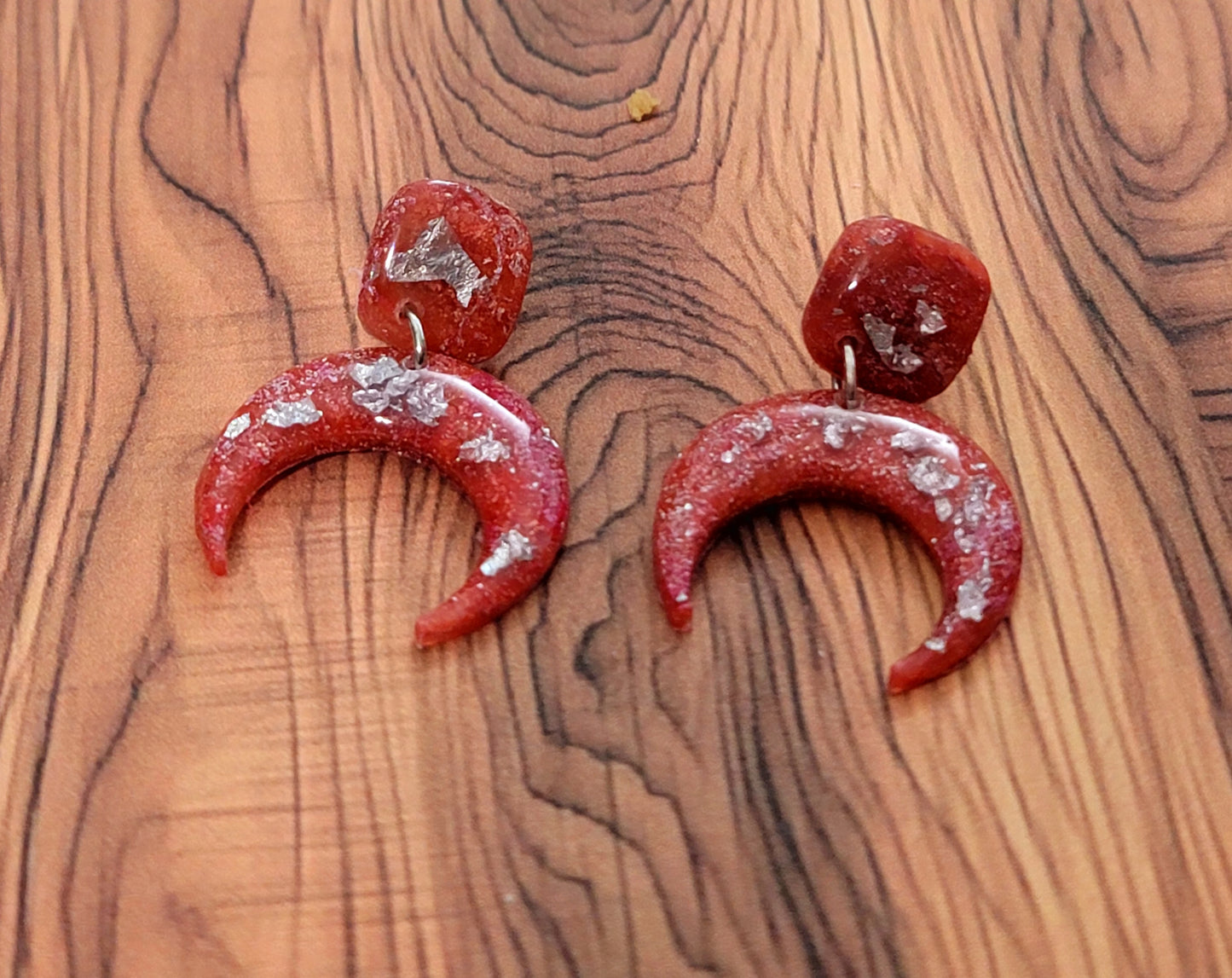 Luna: Red/Orange and Pink Polymer Clay Earrings with Silver Flakes