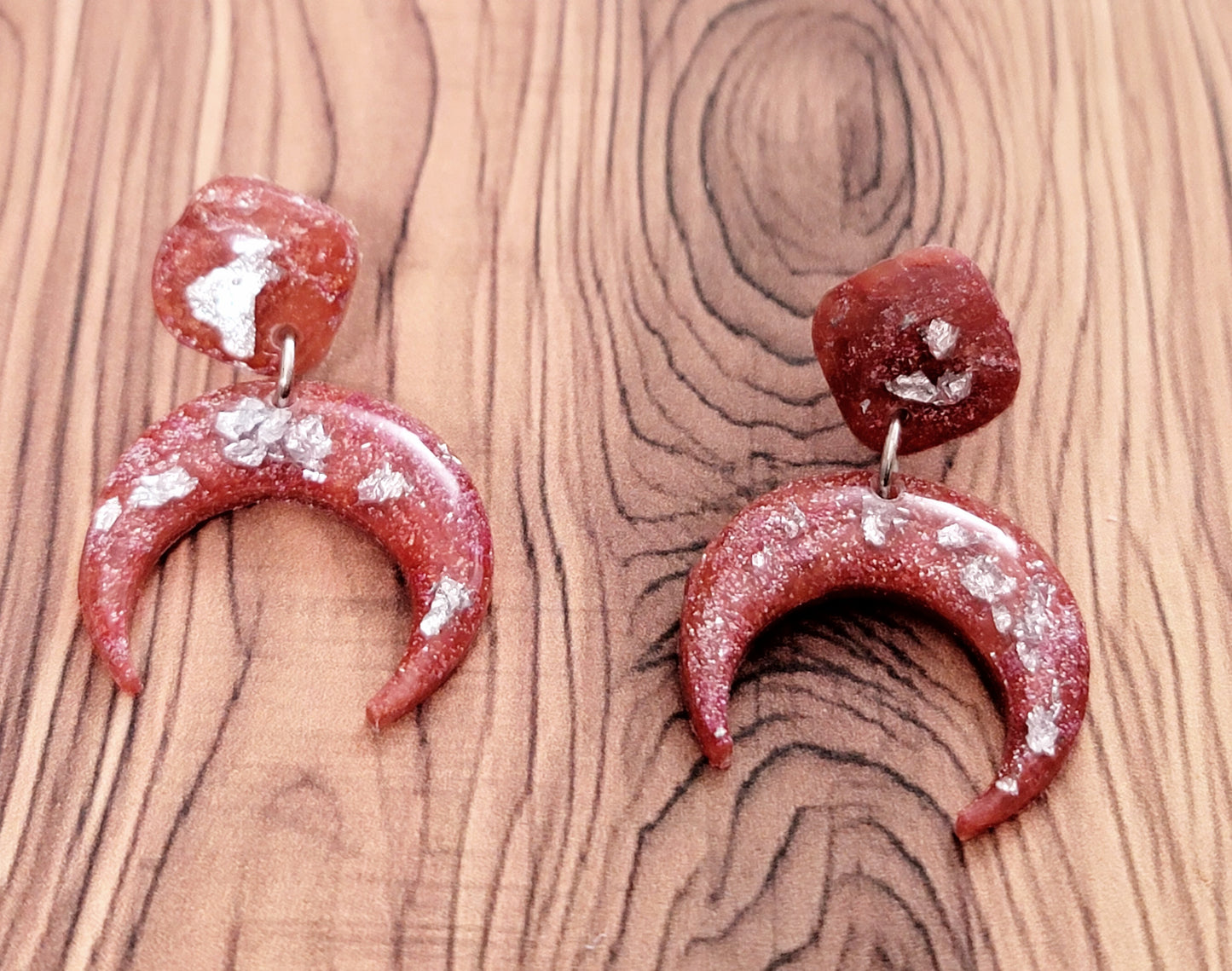 Luna: Red/Orange and Pink Polymer Clay Earrings with Silver Flakes