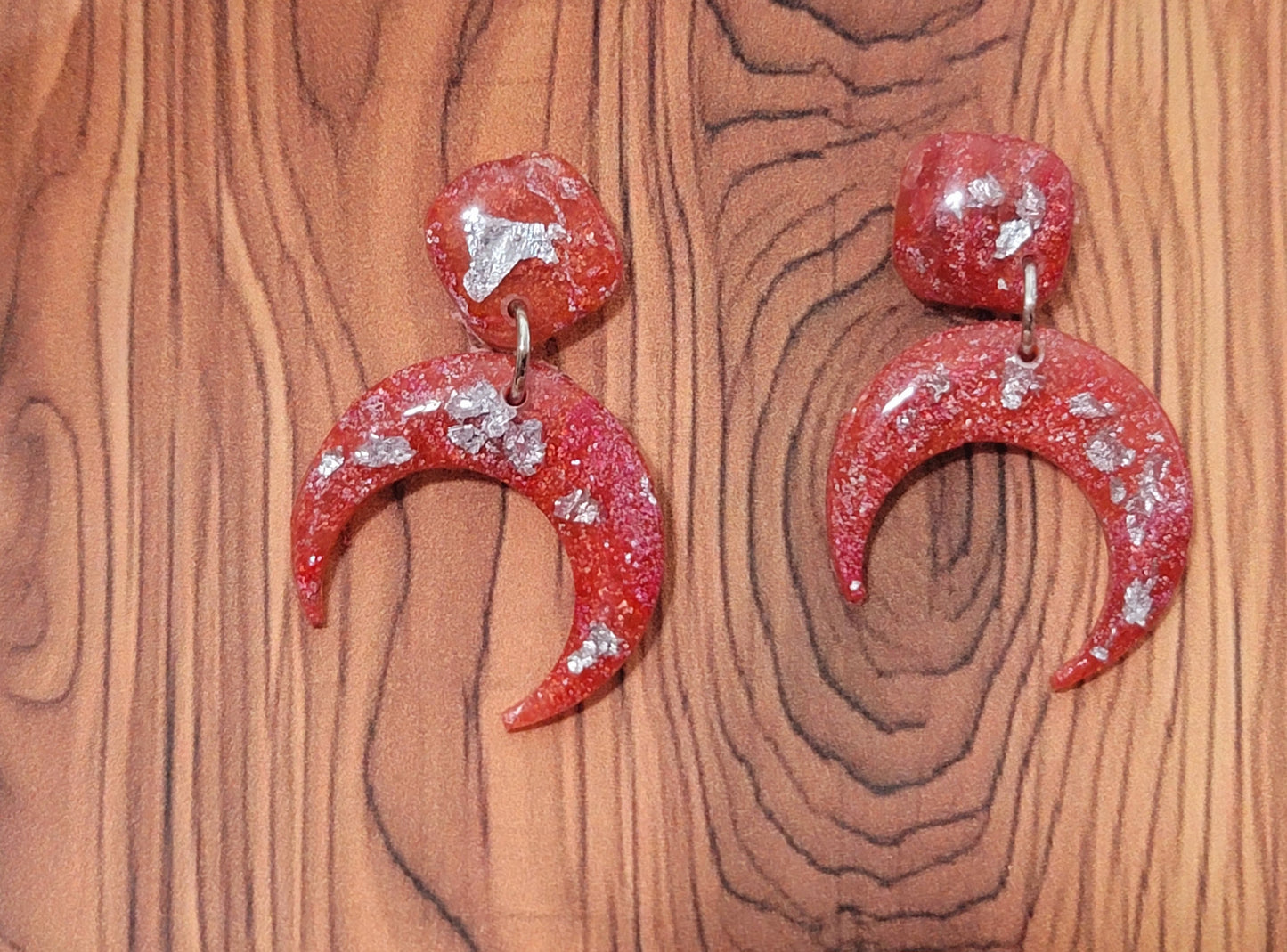 Luna: Red/Orange and Pink Polymer Clay Earrings with Silver Flakes