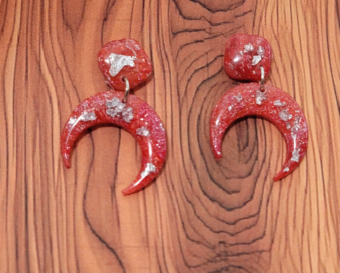 Luna: Red/Orange and Pink Polymer Clay Earrings with Silver Flakes