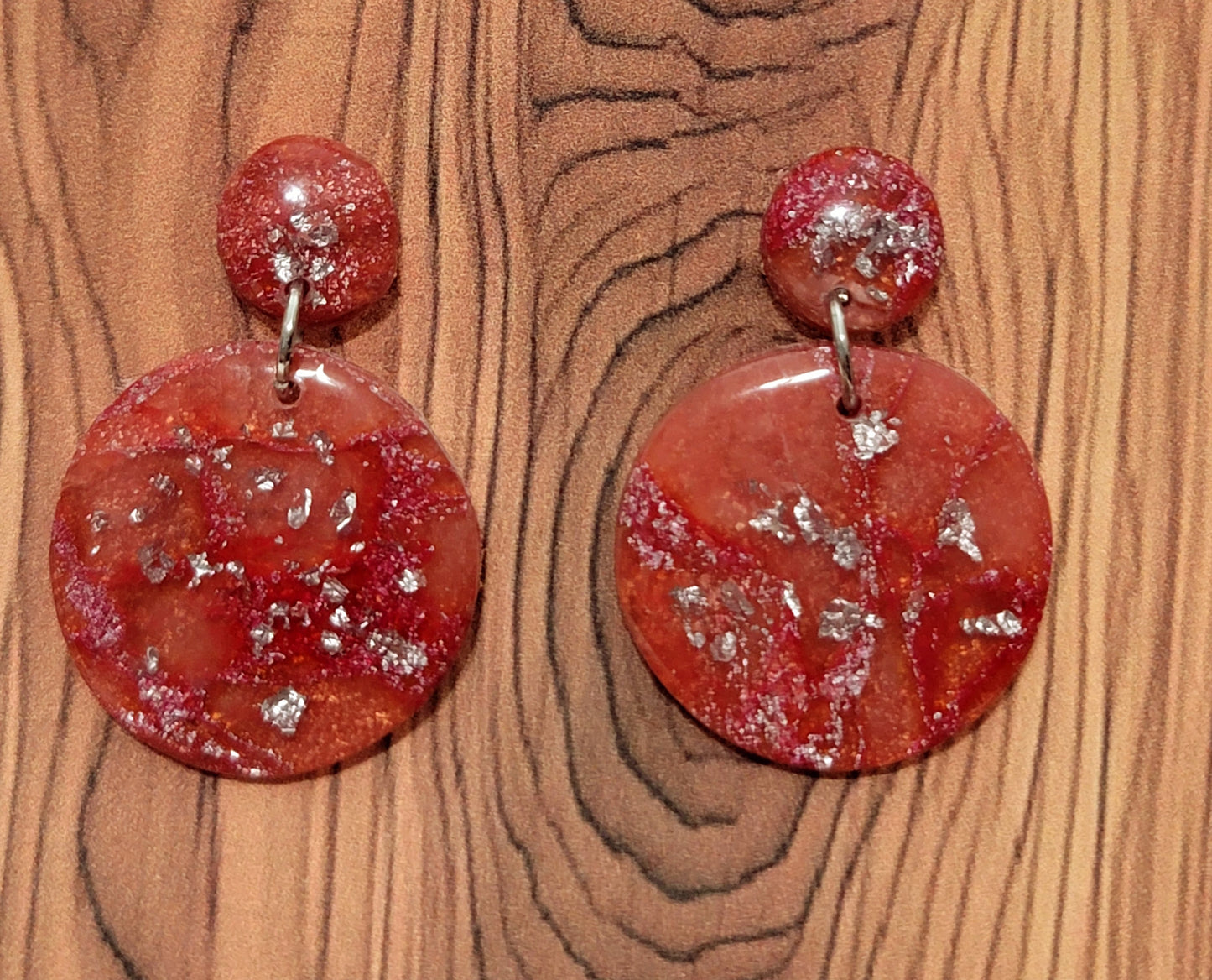 Elizabeth:  Red/Orange and Pink Polymer Clay Earrings with Silver Flakes