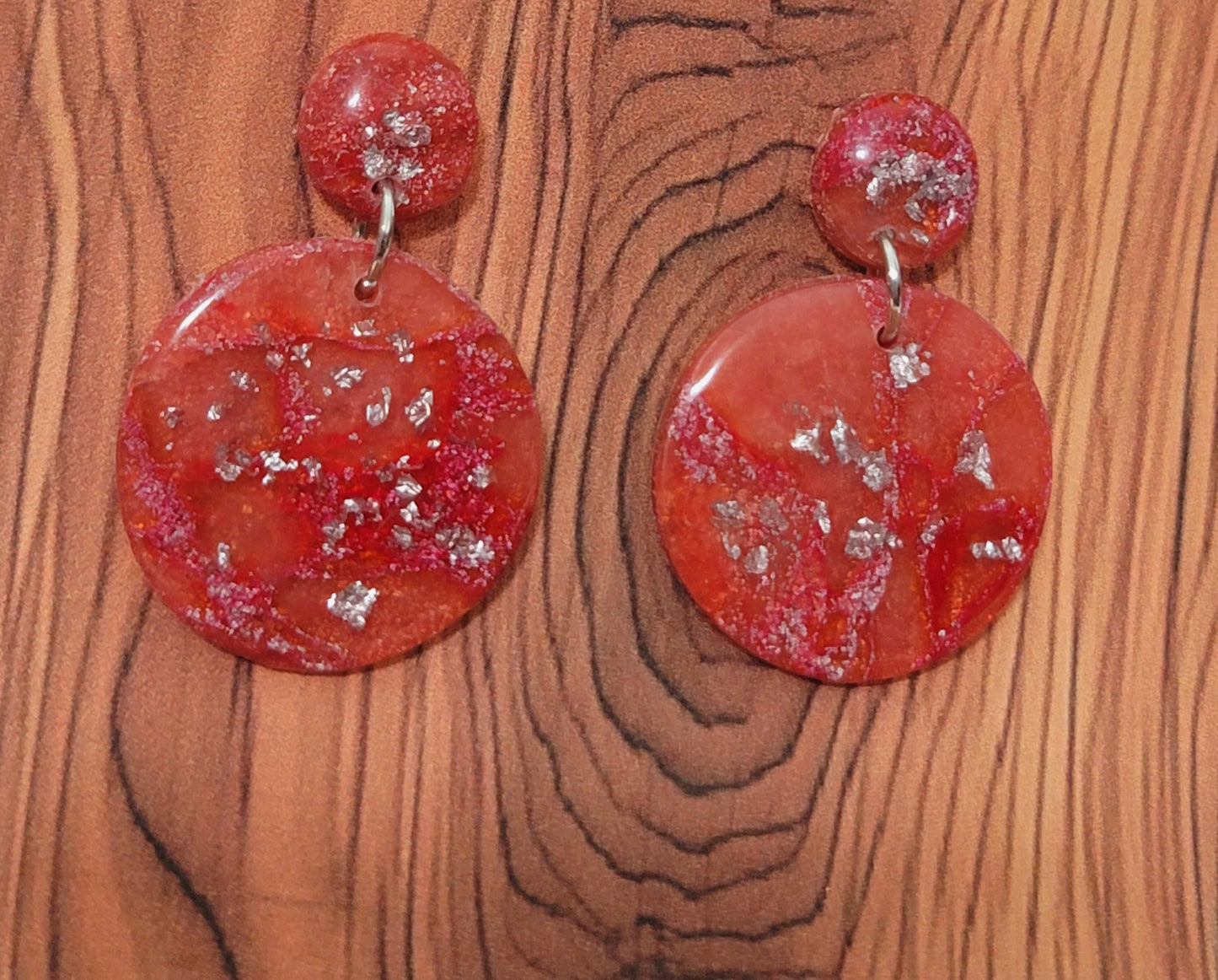 Elizabeth:  Red/Orange and Pink Polymer Clay Earrings with Silver Flakes