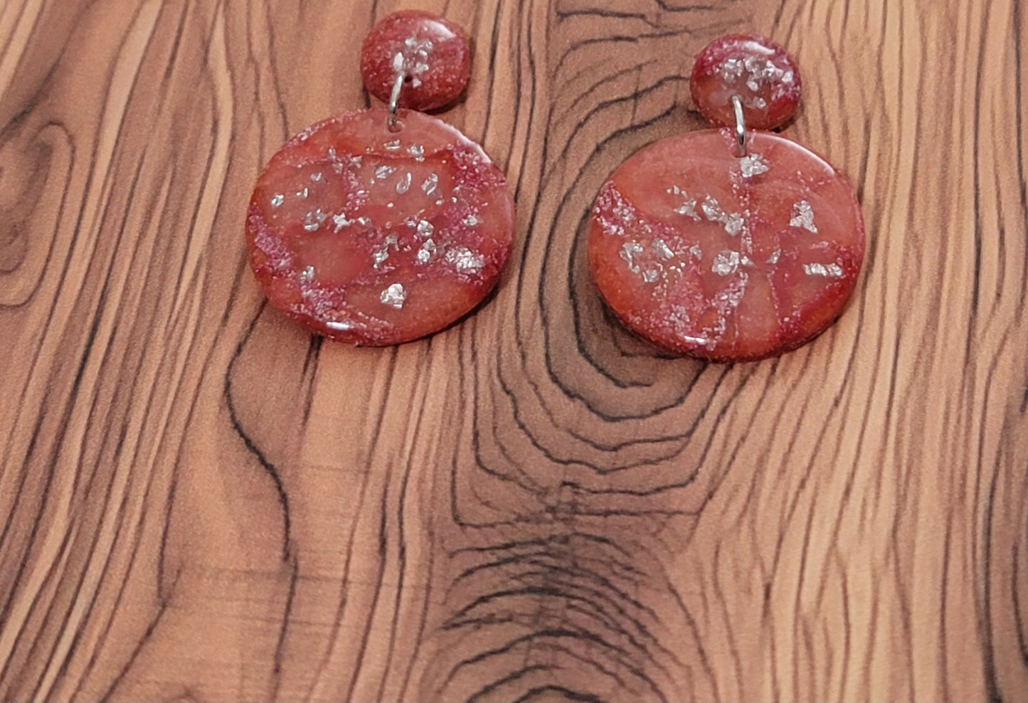 Elizabeth:  Red/Orange and Pink Polymer Clay Earrings with Silver Flakes