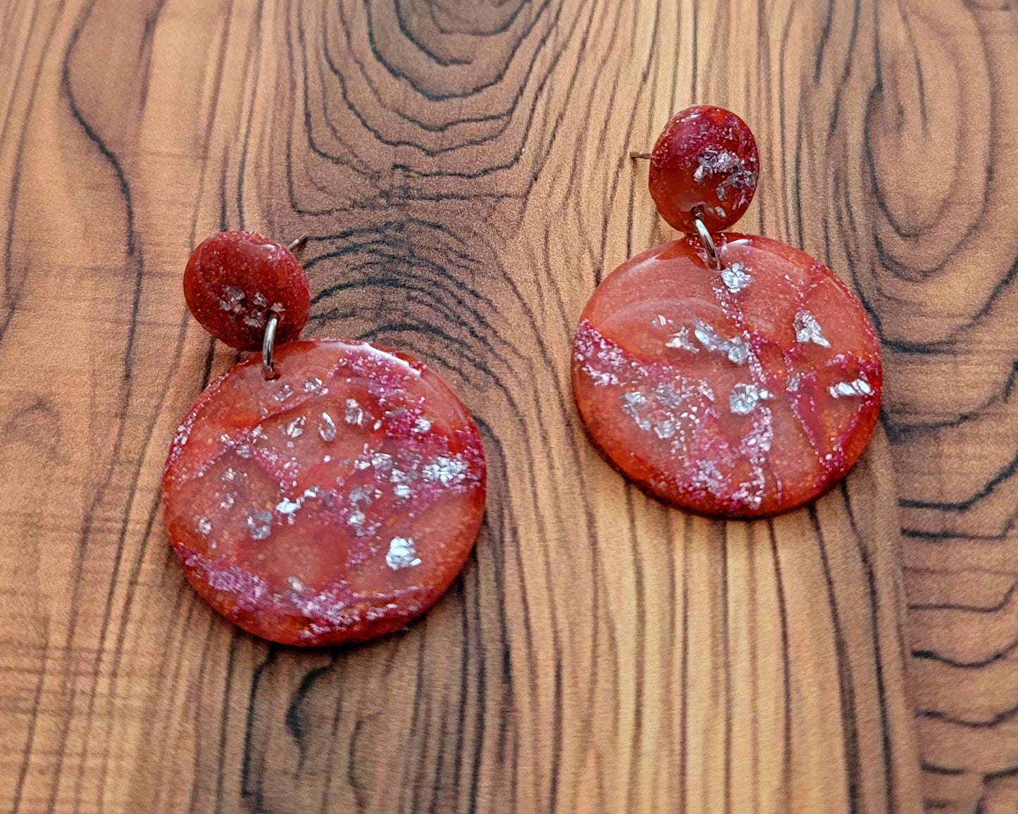 Elizabeth:  Red/Orange and Pink Polymer Clay Earrings with Silver Flakes