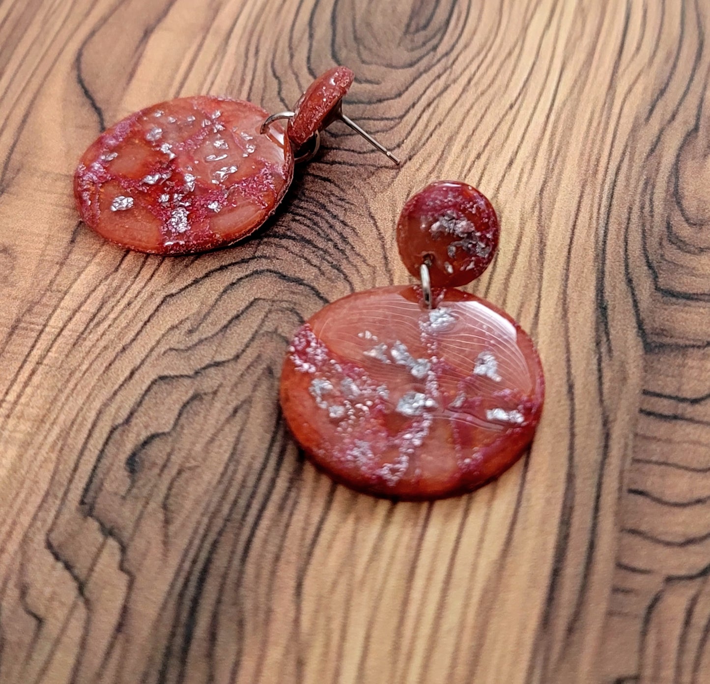 Elizabeth:  Red/Orange and Pink Polymer Clay Earrings with Silver Flakes