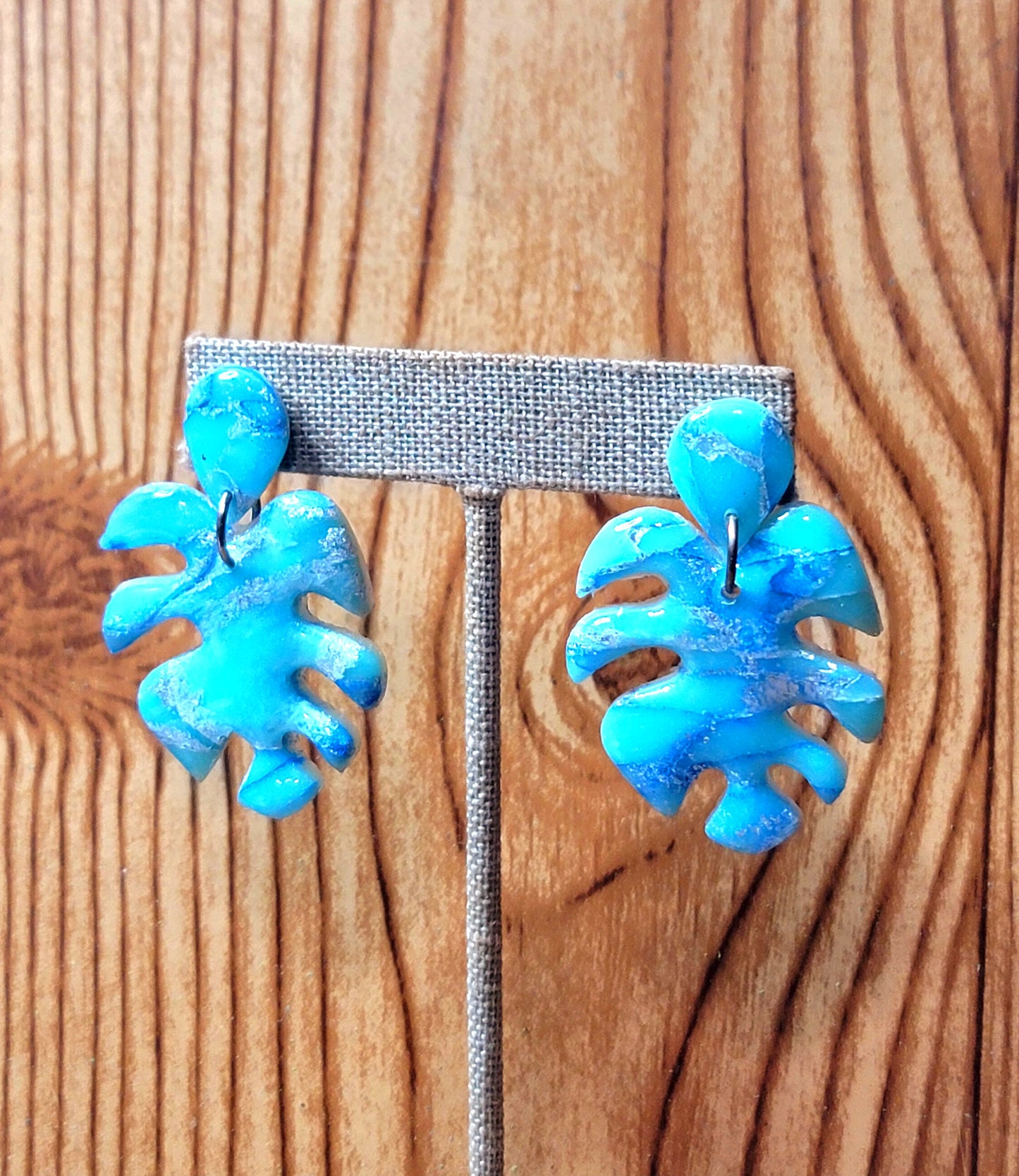 Soraya: Blue/White Polymer Clay Mostera Leaf Earrings with Silver Flakes