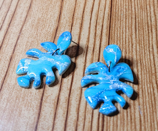 Soraya: Blue/White Polymer Clay Mostera Leaf Earrings with Silver Flakes