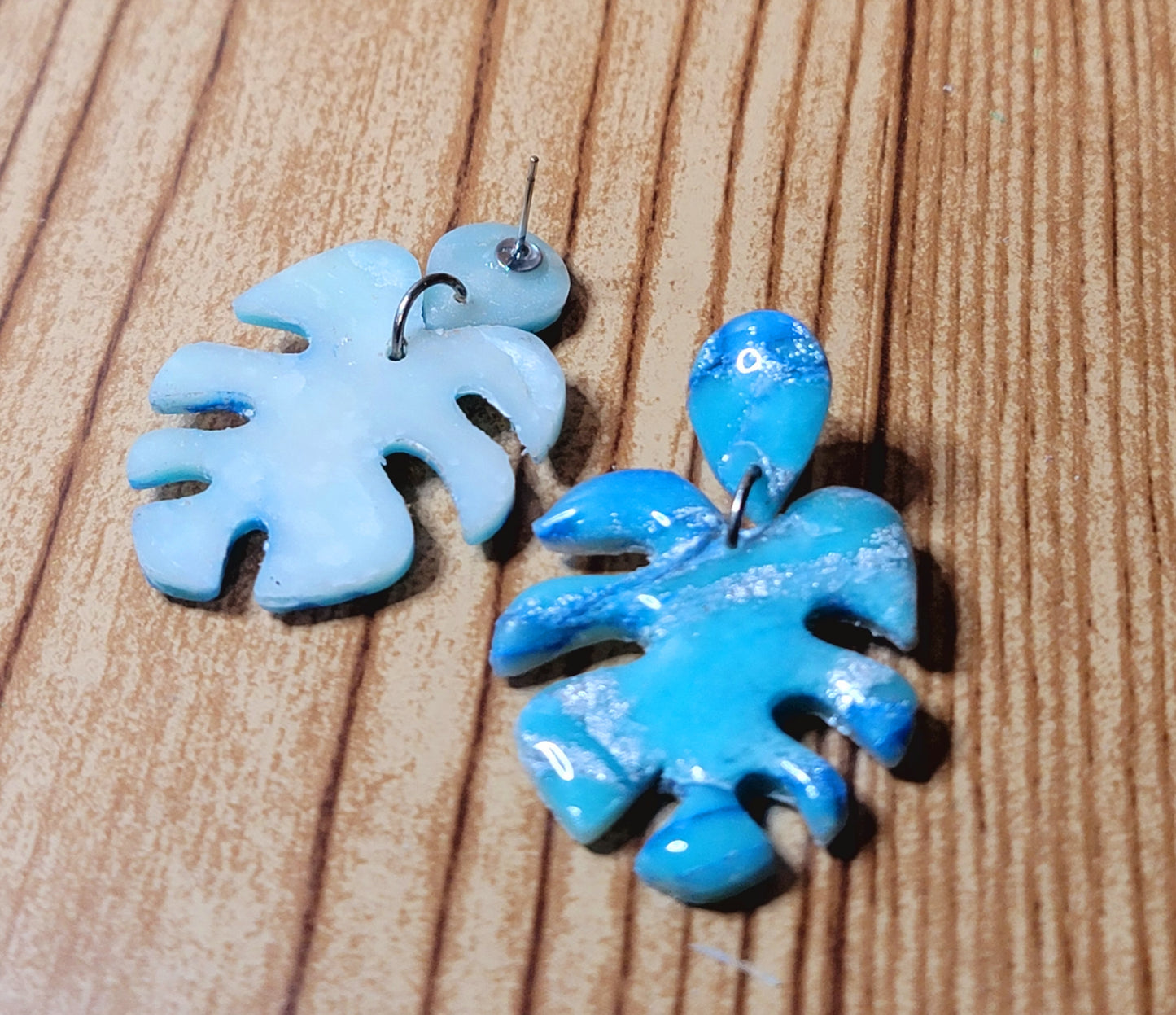 Soraya: Blue/White Polymer Clay Mostera Leaf Earrings with Silver Flakes