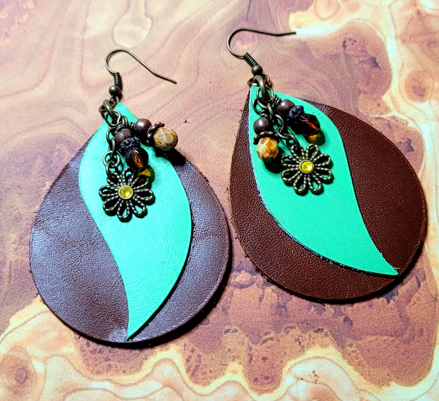 Faux Leather: Brown/Jade Oval Earrings