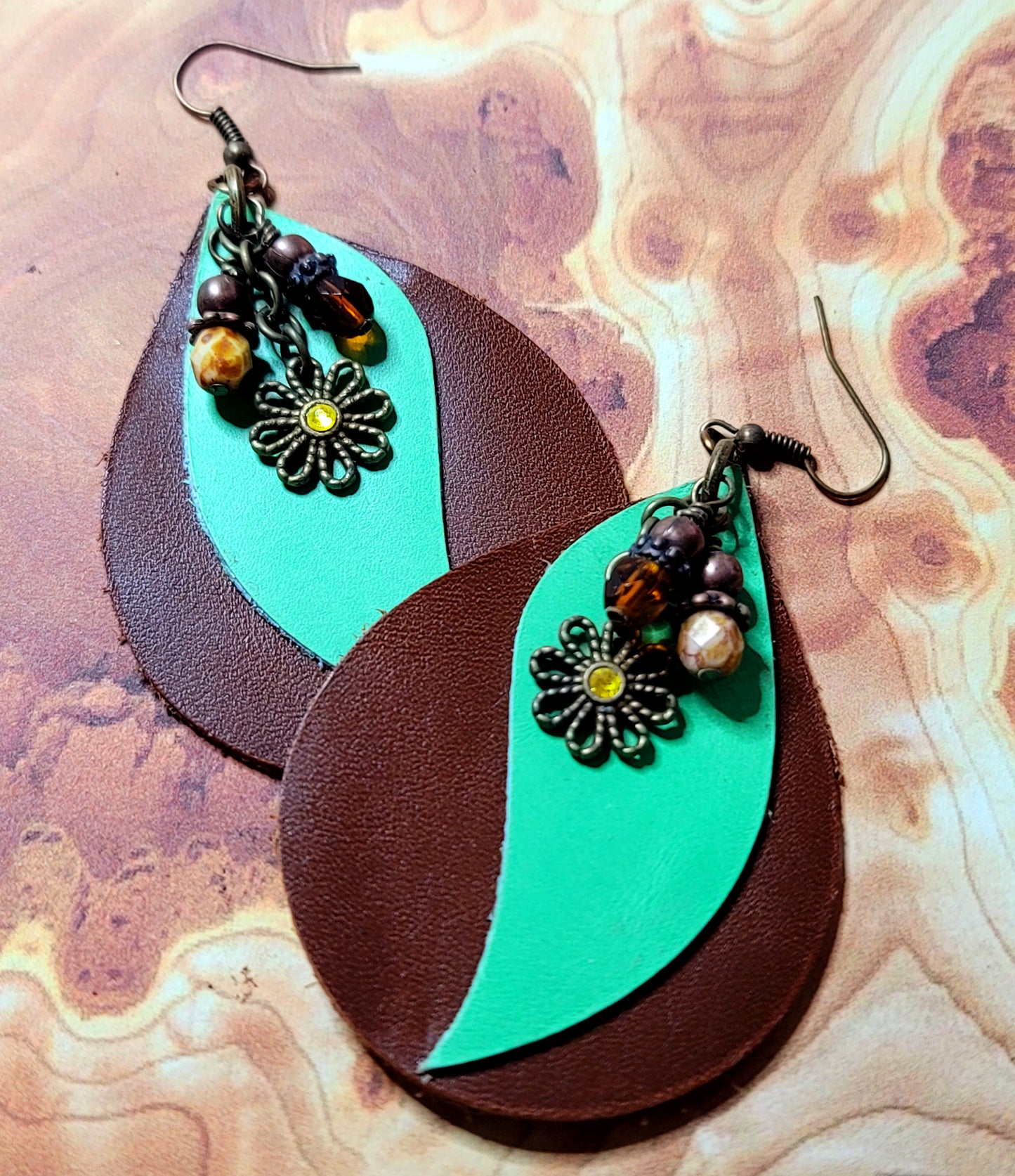 Faux Leather: Brown/Jade Oval Earrings