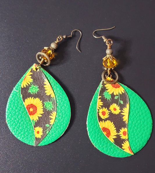 Faux Leather: Green & Sunflower Oval Earrings