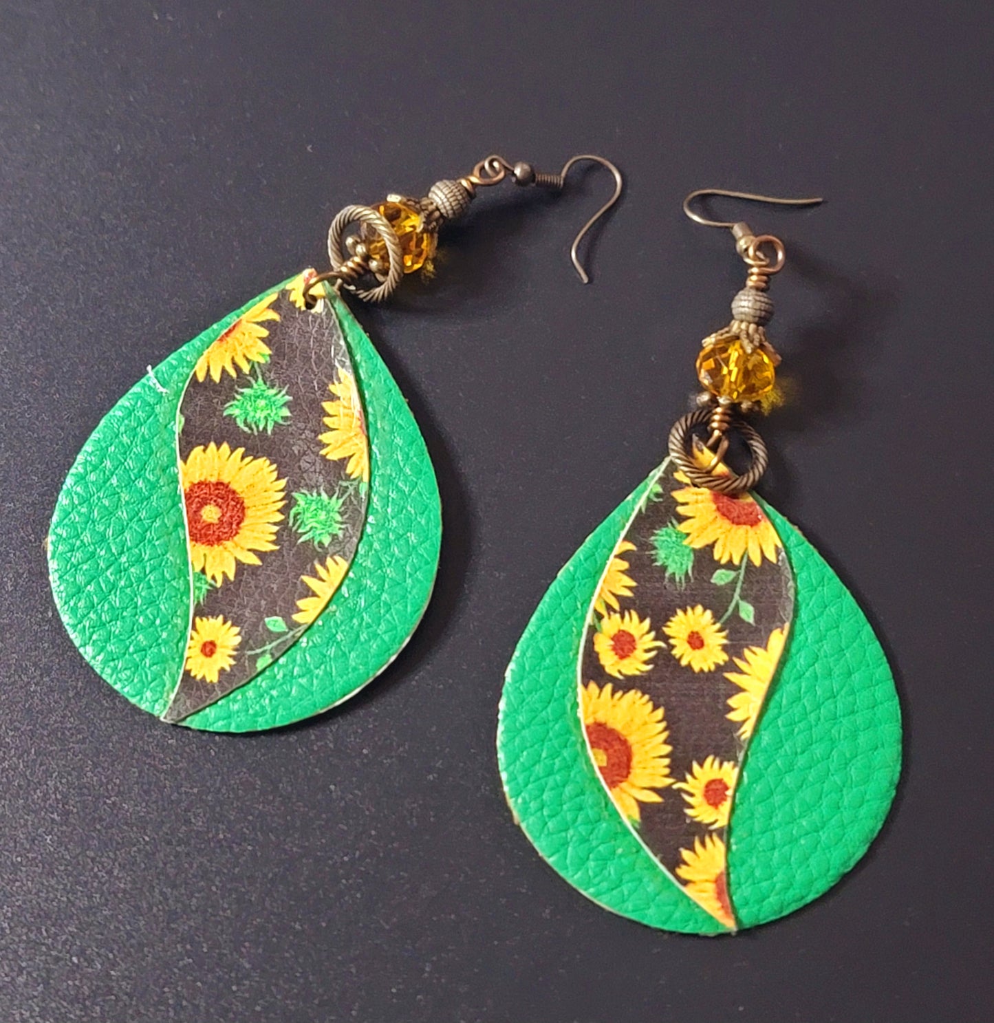 Faux Leather: Green & Sunflower Oval Earrings