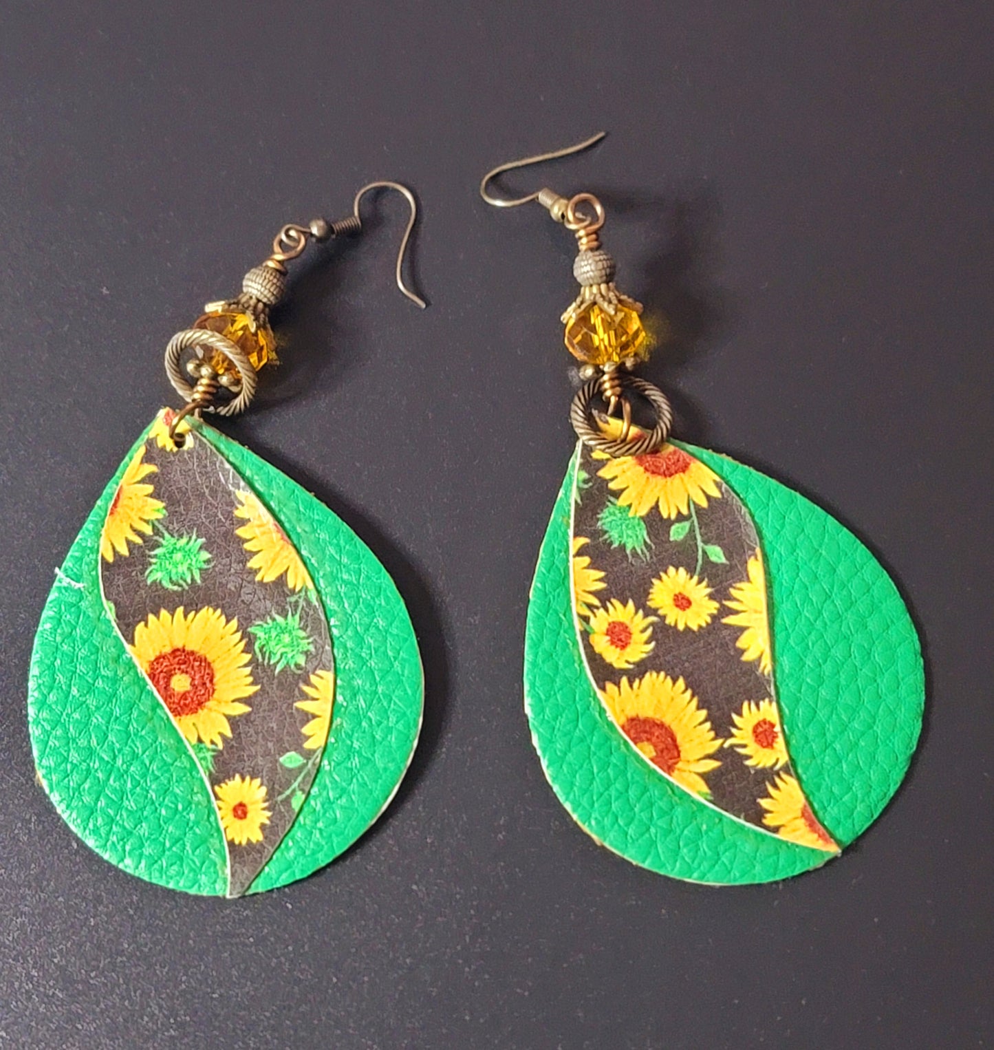 Faux Leather: Green & Sunflower Oval Earrings