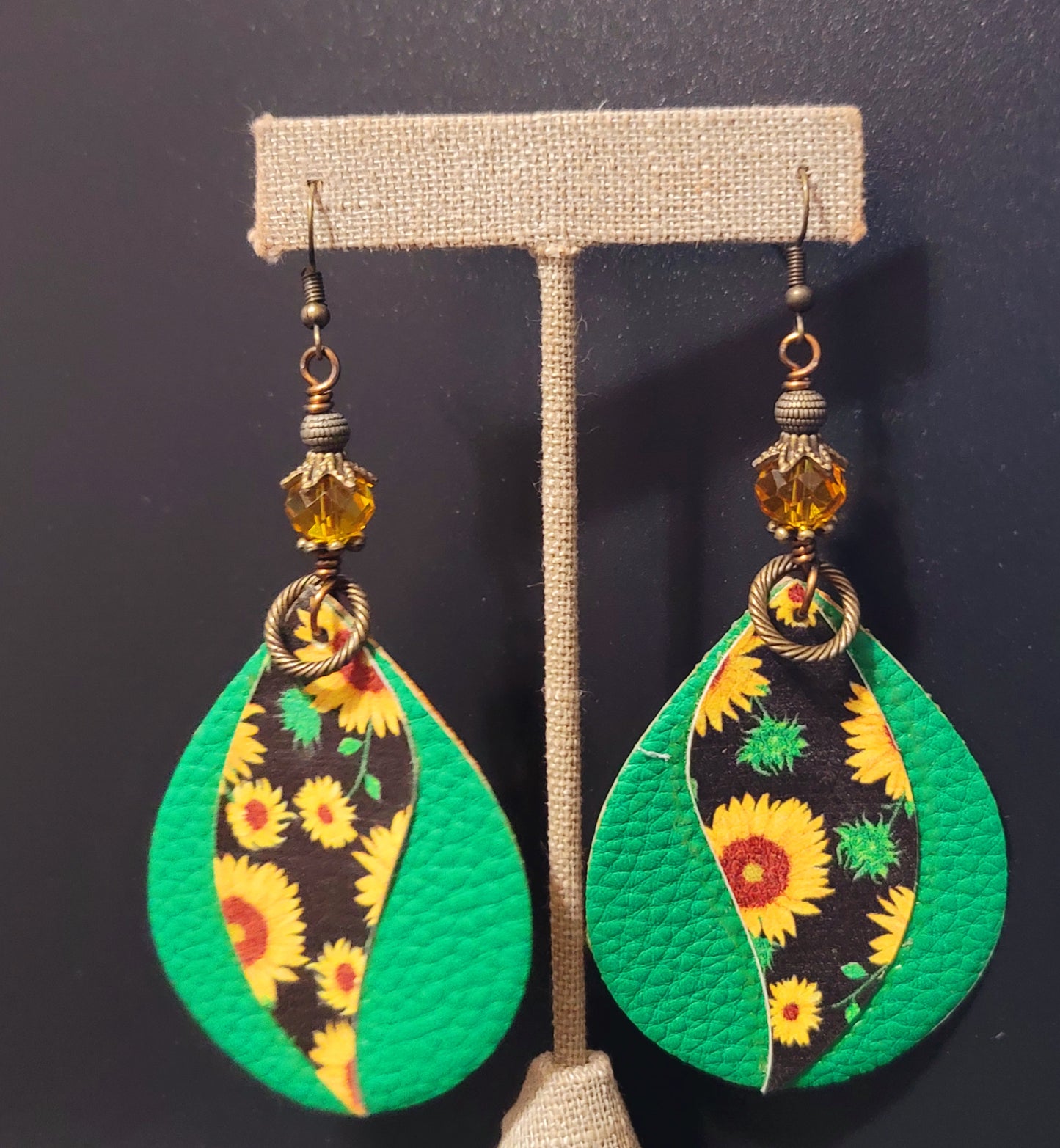 Faux Leather: Green & Sunflower Oval Earrings