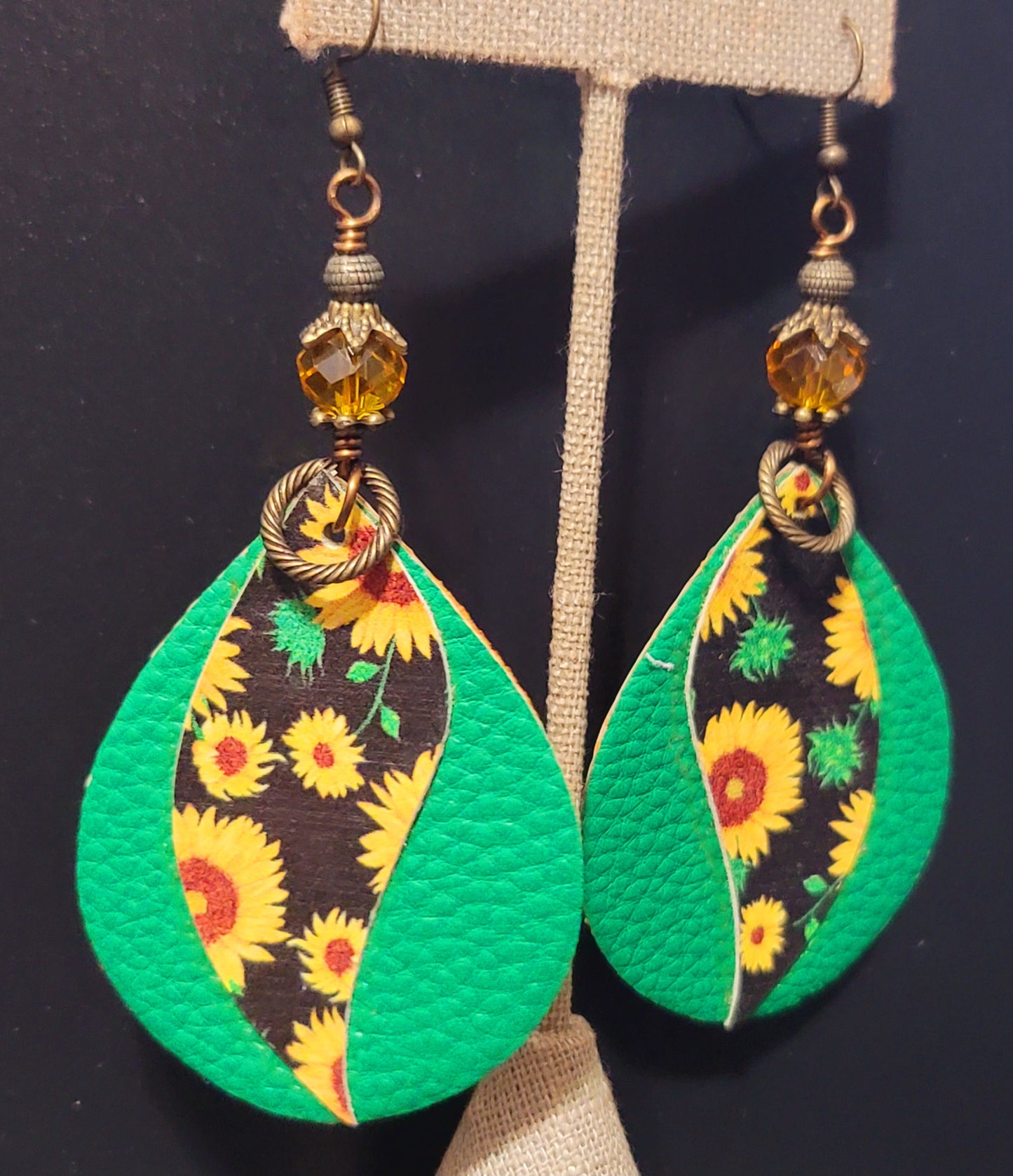 Faux Leather: Green & Sunflower Oval Earrings