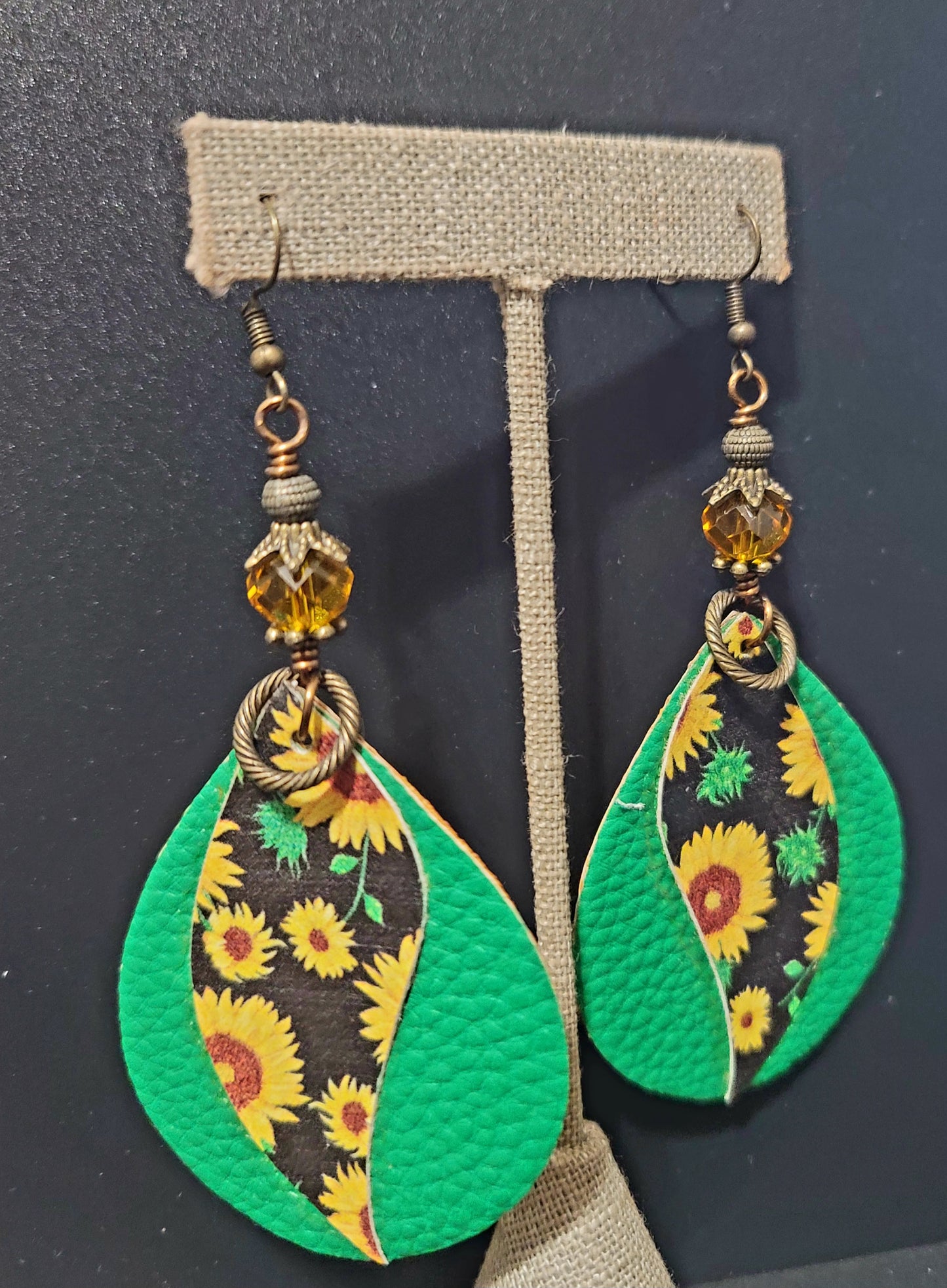 Faux Leather: Green & Sunflower Oval Earrings