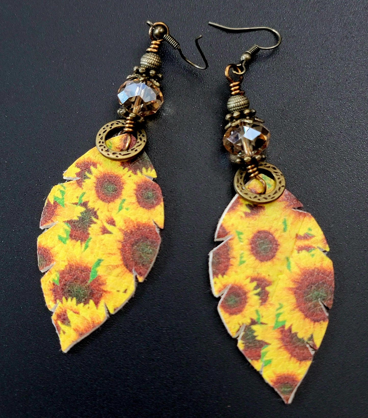 Light Brown Crystal &amp; Sunflower Faux Leather Earrings